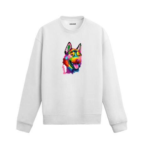 Siyah sweatshirt üzerinde renkli Alman Kurdu baskısı