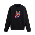 Siyah sweatshirt üzerinde renkli Alman Kurdu baskısı