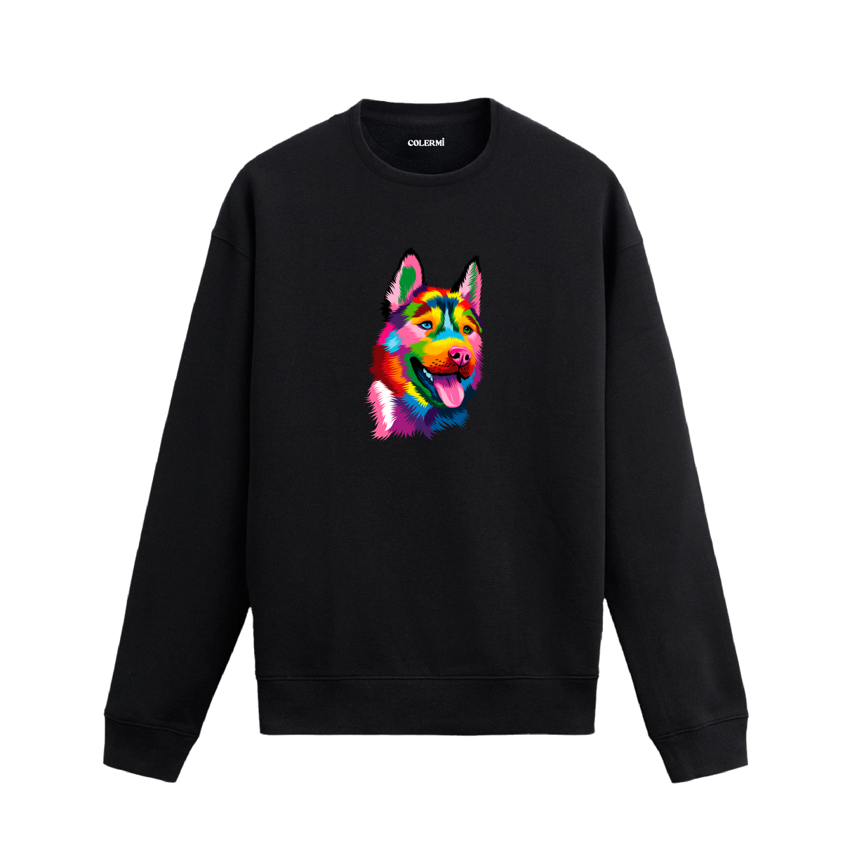 Siyah sweatshirt üzerinde renkli Alman Kurdu baskısı