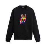 Siyah sweatshirt üzerinde renkli Alman Kurdu baskısı
