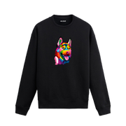 Siyah sweatshirt üzerinde renkli Alman Kurdu baskısı