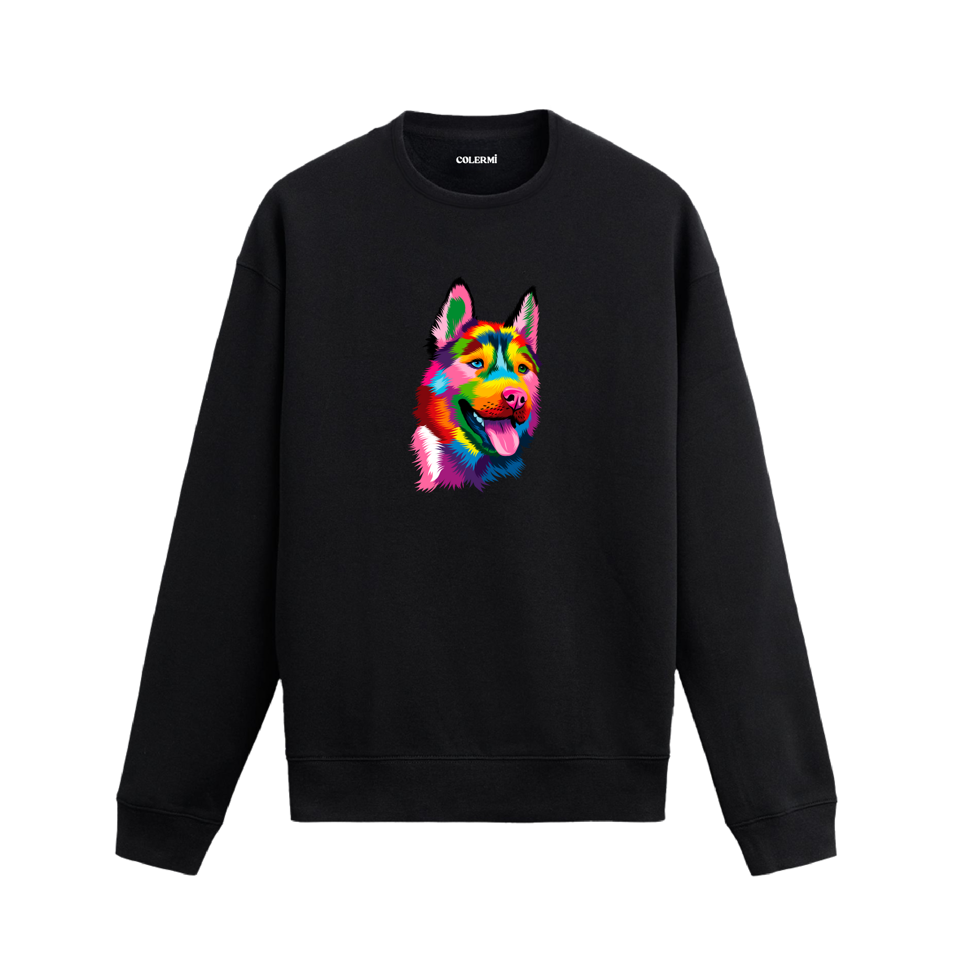 Siyah sweatshirt üzerinde renkli Alman Kurdu baskısı