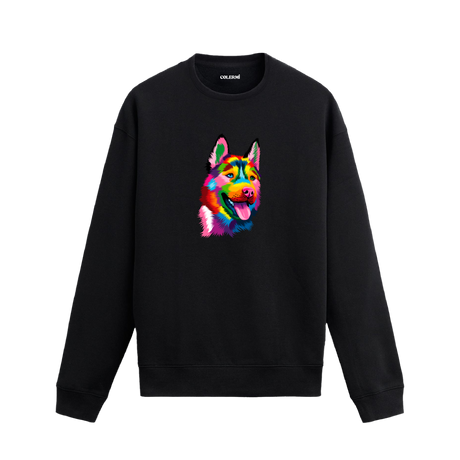 Siyah sweatshirt üzerinde renkli Alman Kurdu baskısı