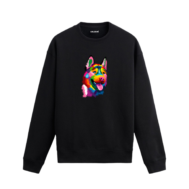 Siyah sweatshirt üzerinde renkli Alman Kurdu baskısı