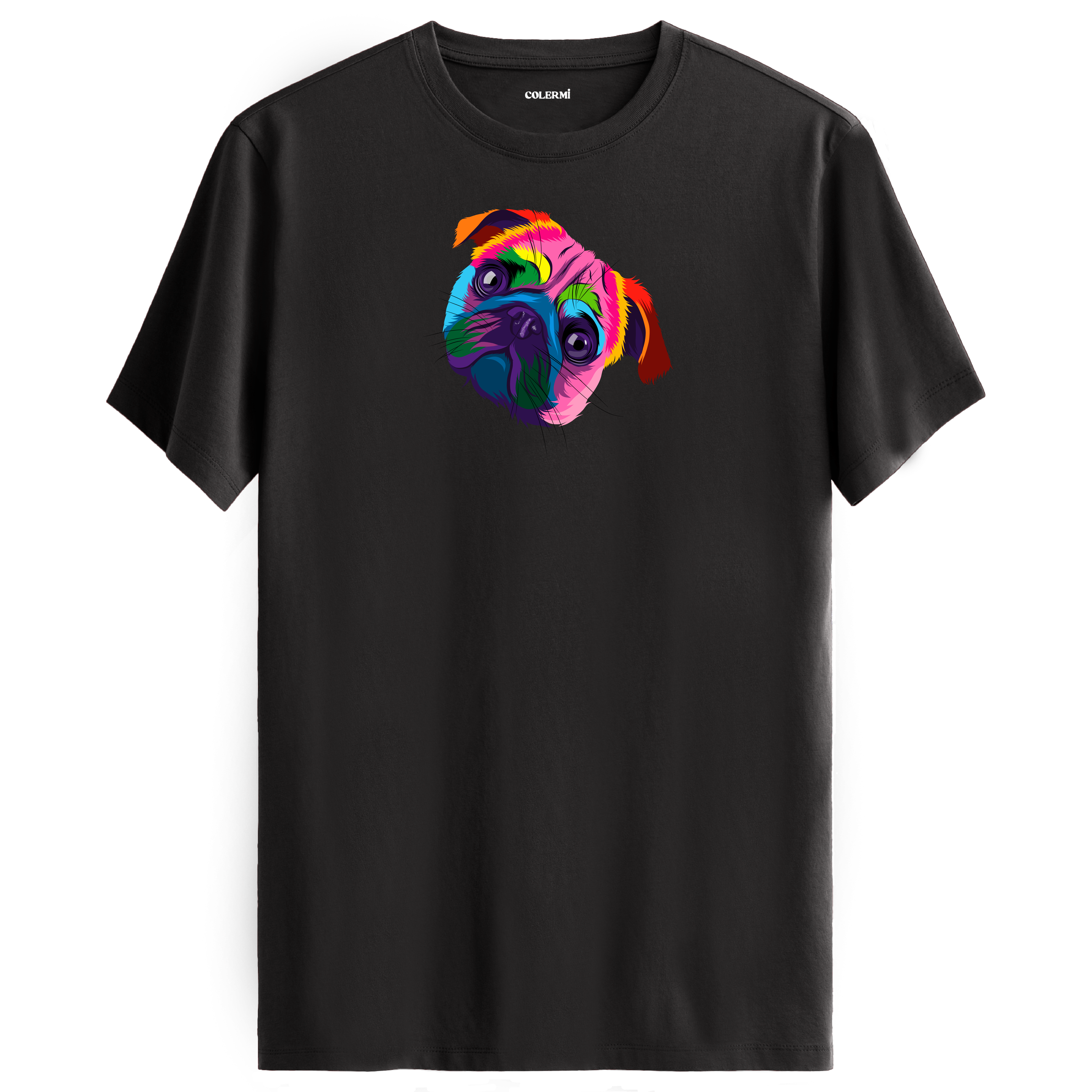 Antrasit tişört üzerinde renkli Bella Pug köpek baskısı