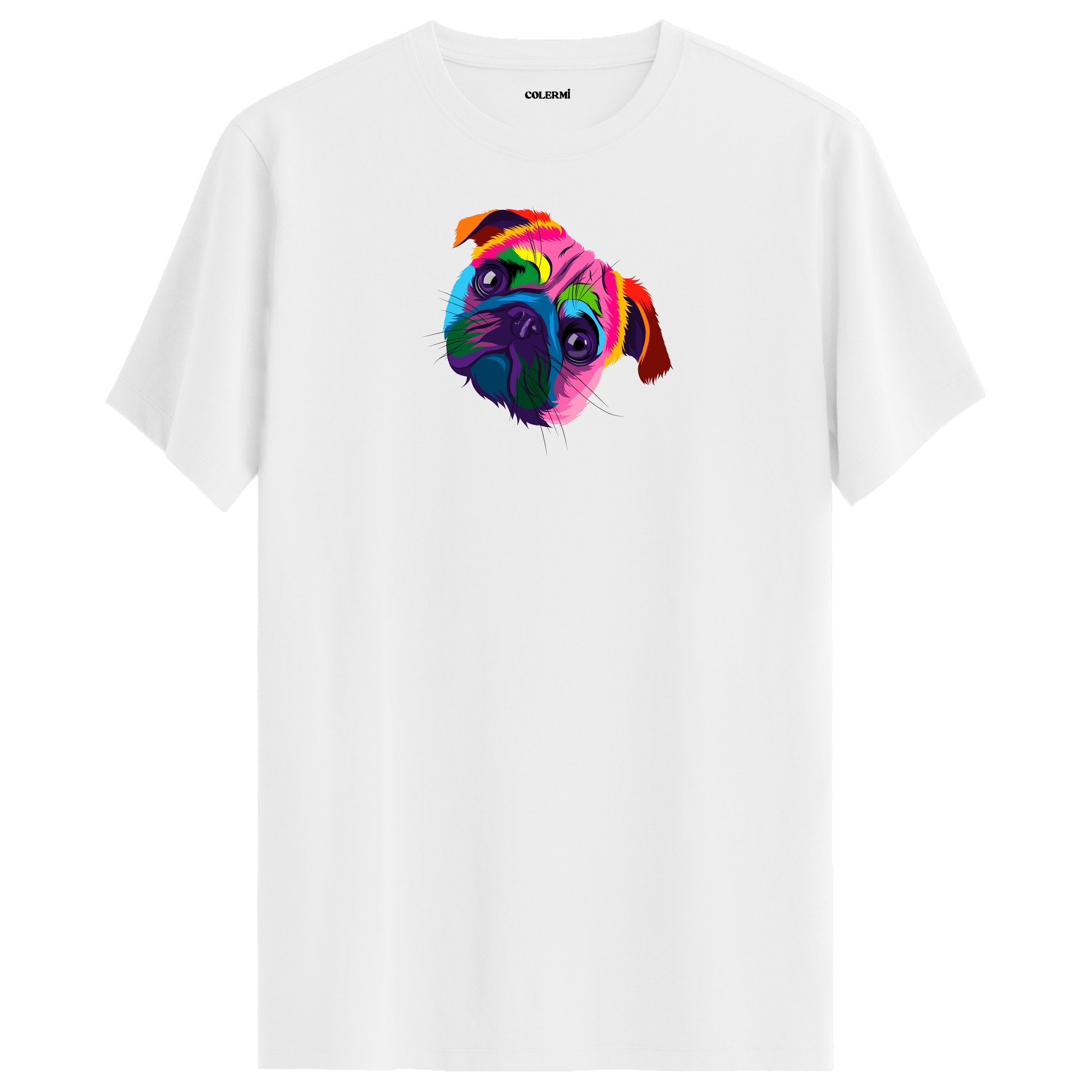 Beyaz tişört üzerinde renkli Bella Pug köpek baskısı