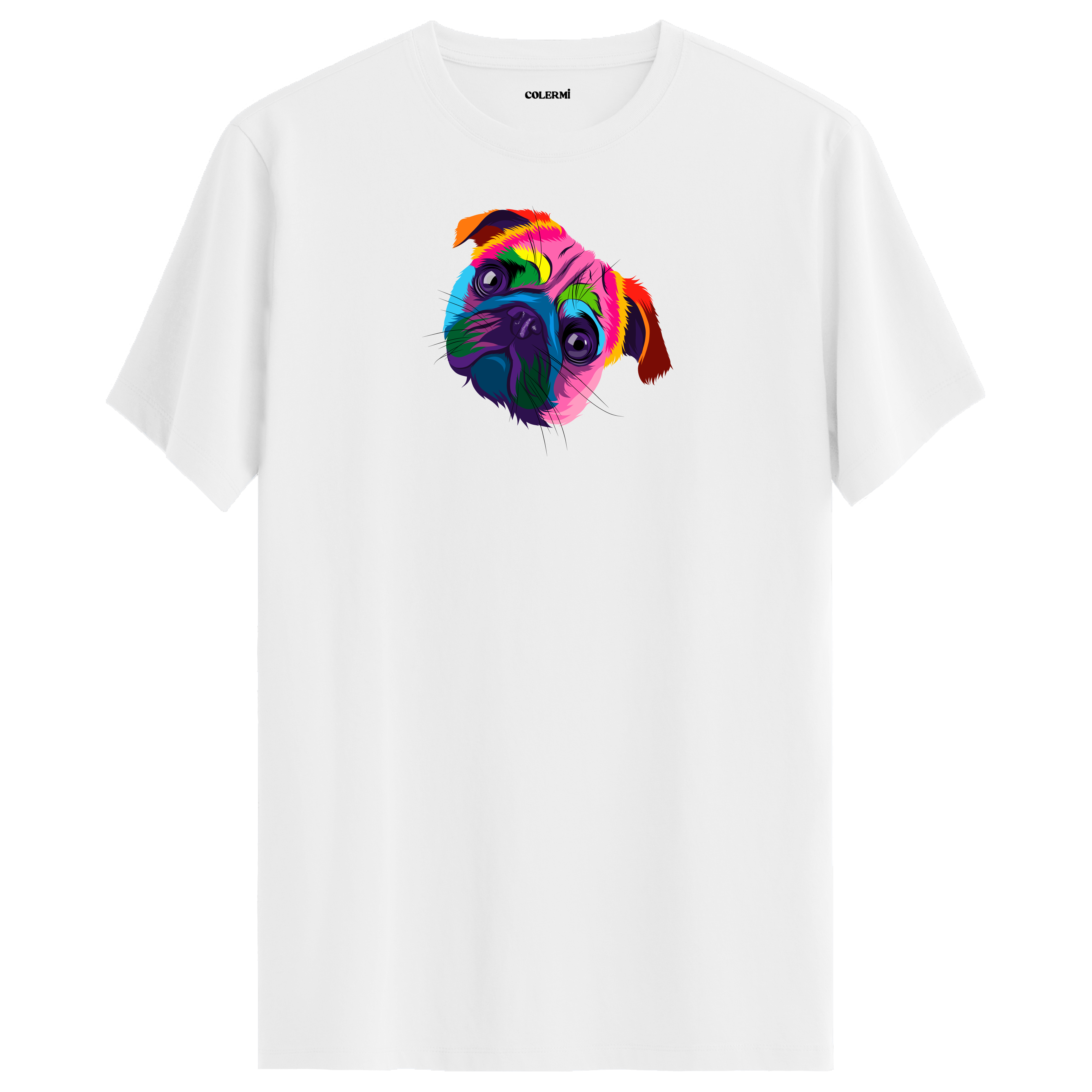 Beyaz tişört üzerinde renkli Bella Pug köpek baskısı