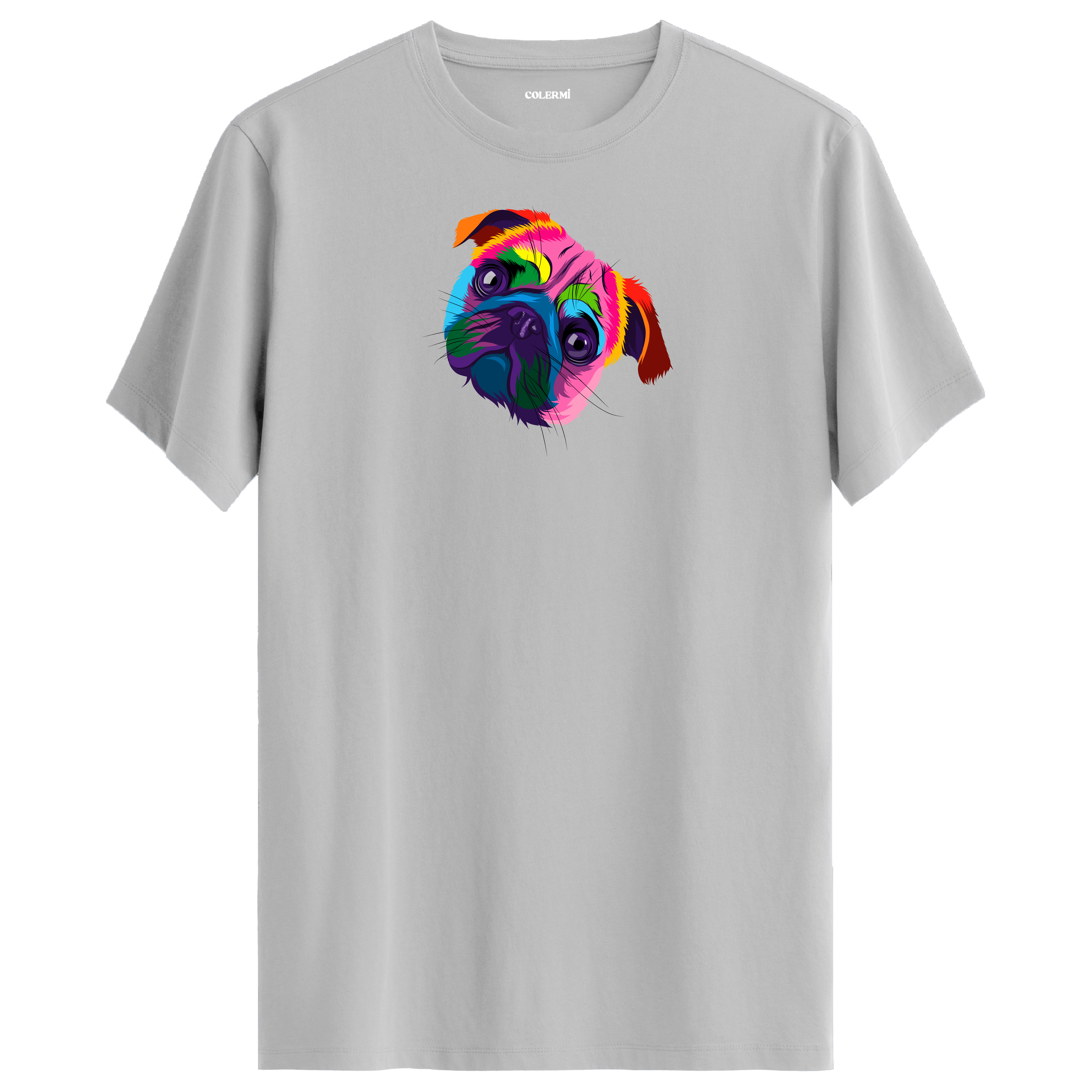 Gri tişört üzerinde renkli Bella Pug köpek baskısı