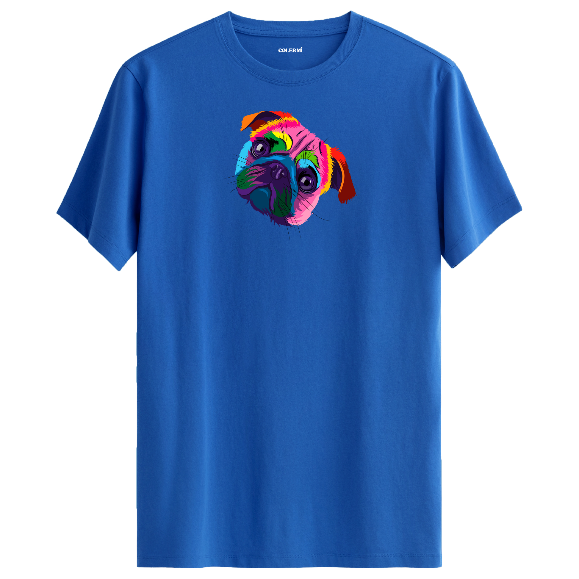 Mavi tişört üzerinde renkli Bella Pug köpek baskısı