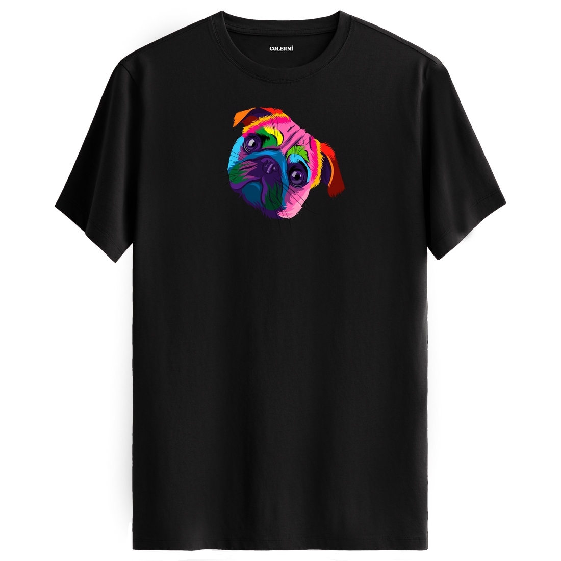 Siyah tişört üzerinde renkli Bella Pug köpek baskısı
