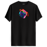 Siyah tişört üzerinde renkli Bella Pug köpek baskısı