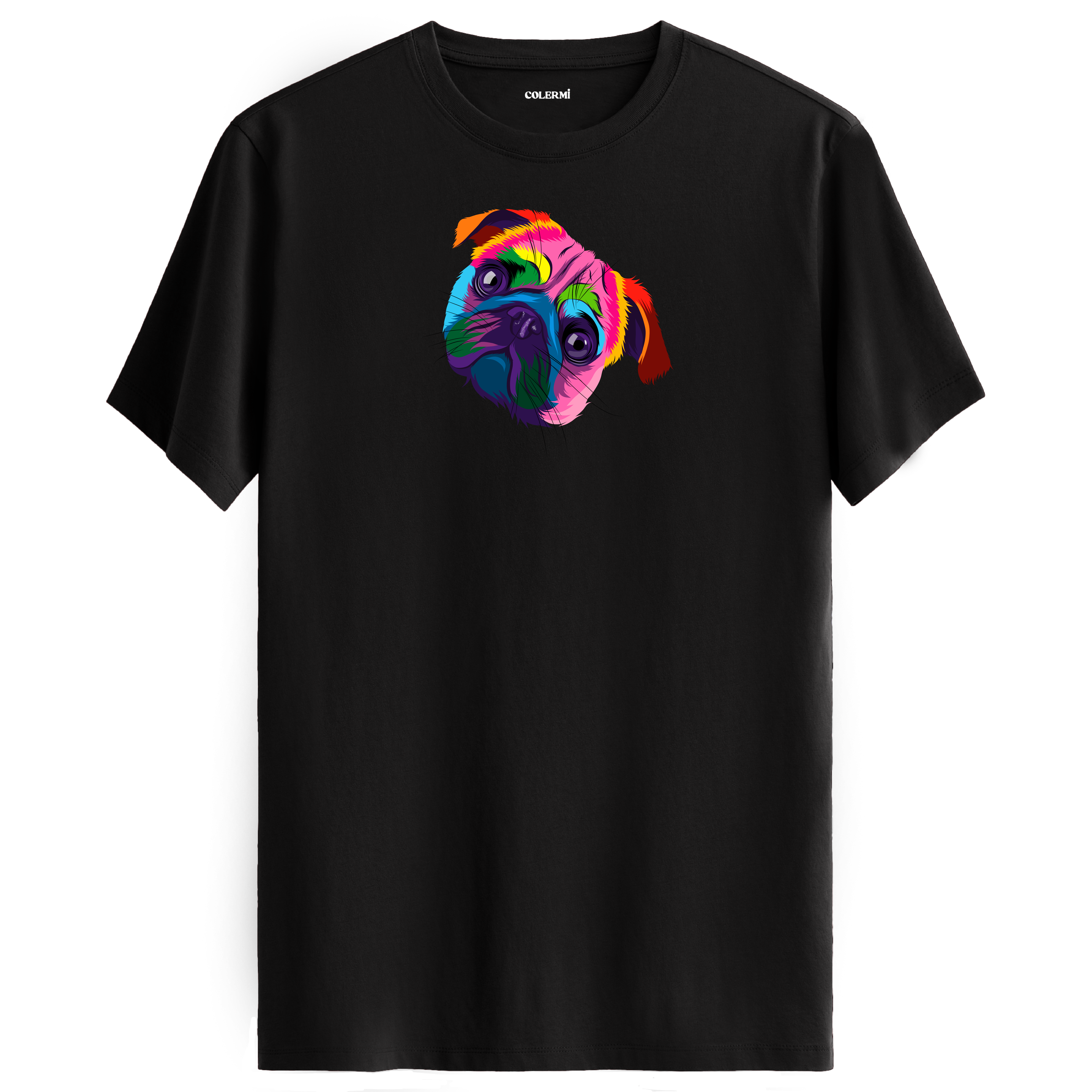 Siyah tişört üzerinde renkli Bella Pug köpek baskısı