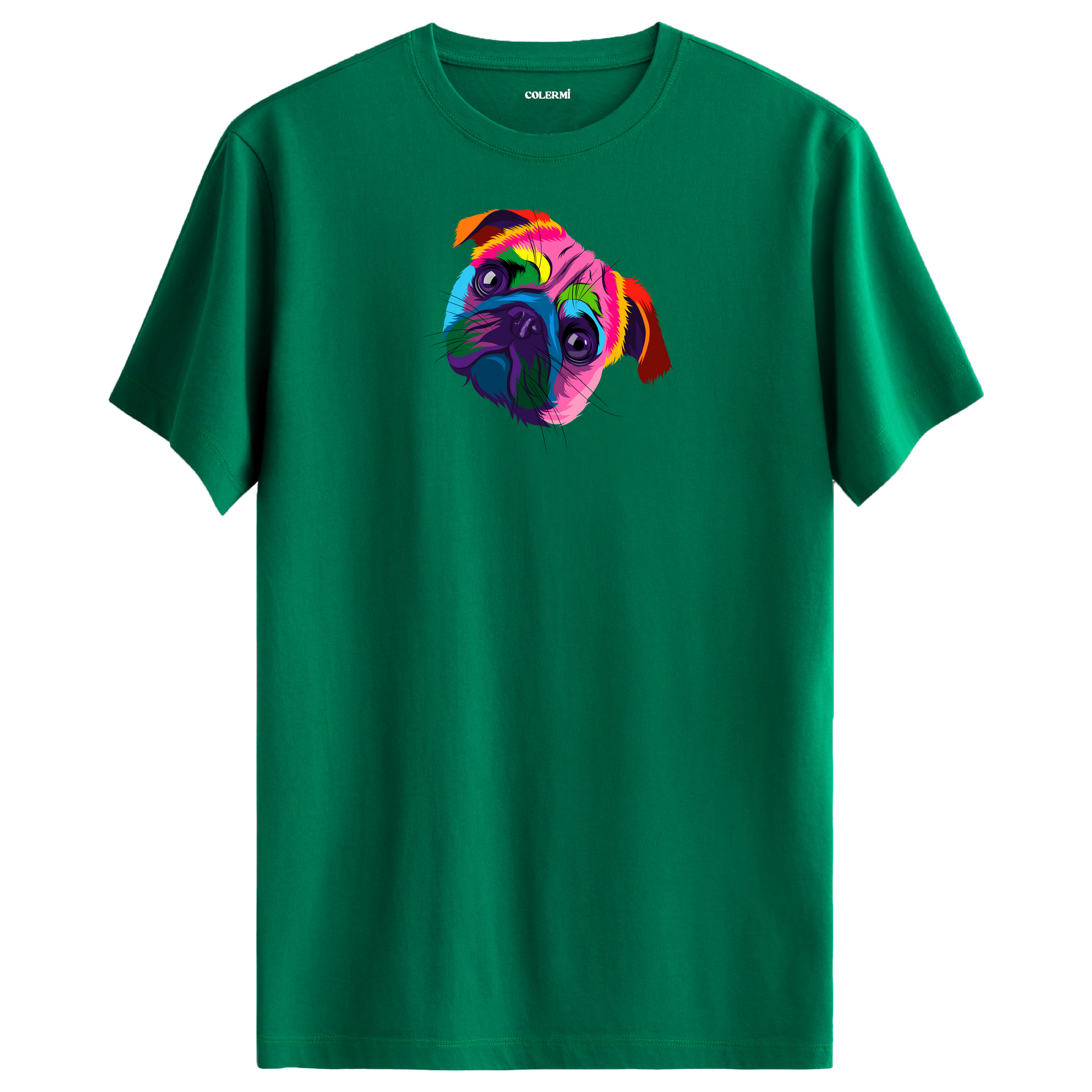 Yeşil tişört üzerinde renkli Bella Pug köpek baskısı