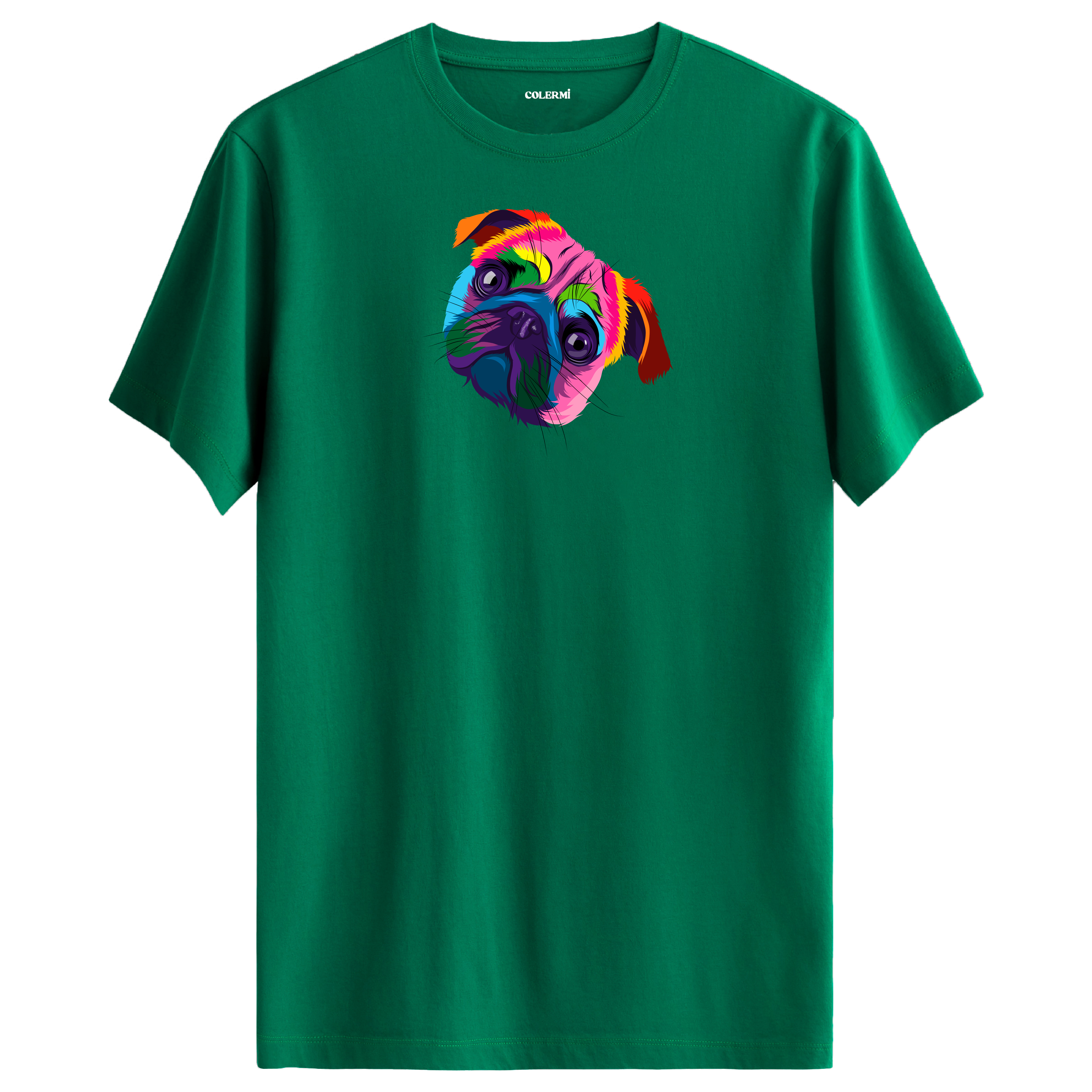 Yeşil tişört üzerinde renkli Bella Pug köpek baskısı