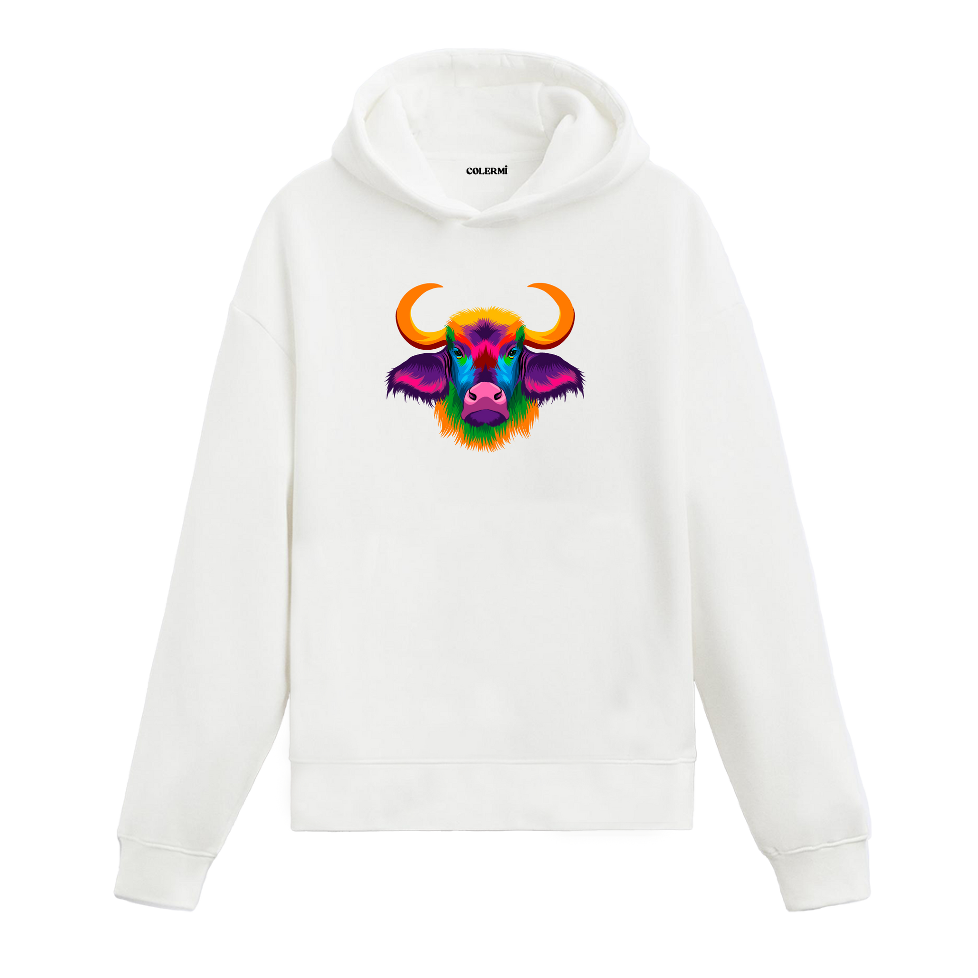 Canlı renkli boğa başı baskılı beyaz kapüşonlu sweatshirt.