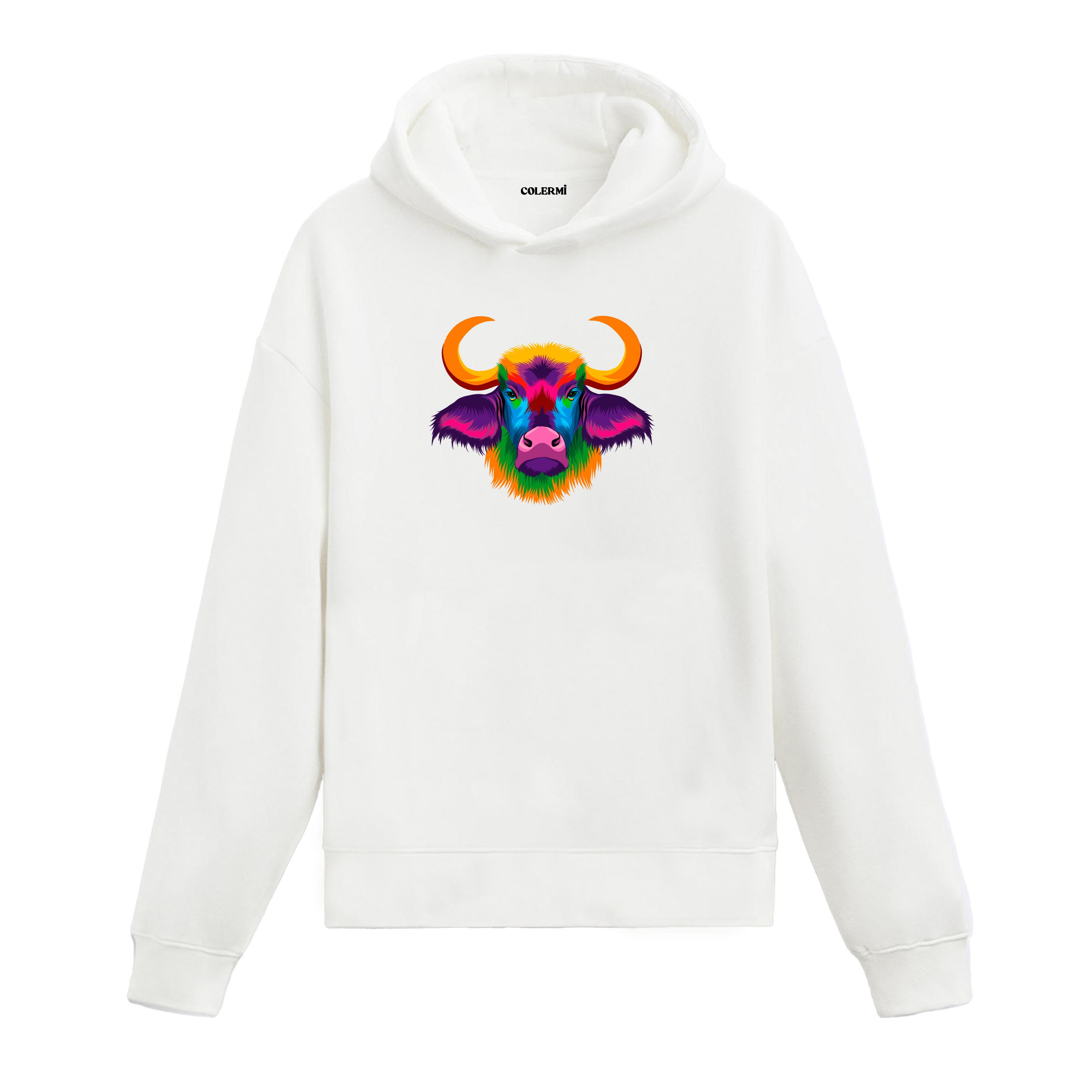 Canlı renkli boğa başı baskılı beyaz kapüşonlu sweatshirt.