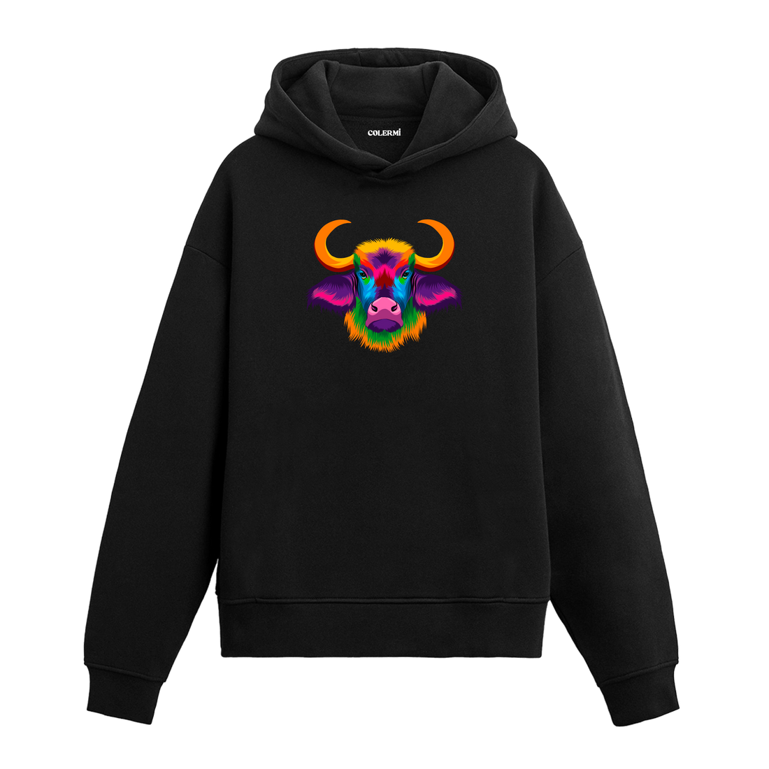 Canlı renkli boğa başı baskılı siyah kapüşonlu sweatshirt.