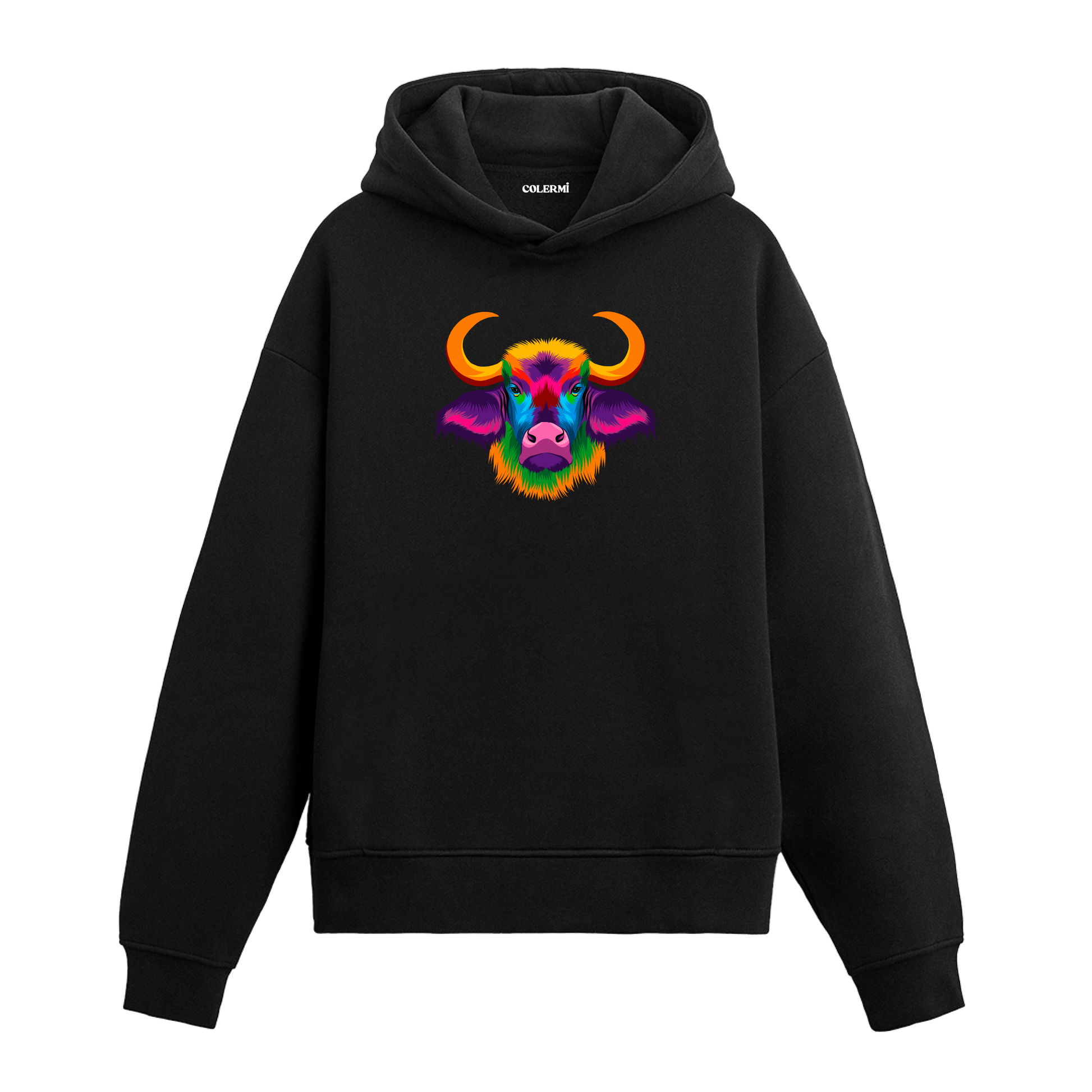 Canlı renkli boğa başı baskılı siyah kapüşonlu sweatshirt.
