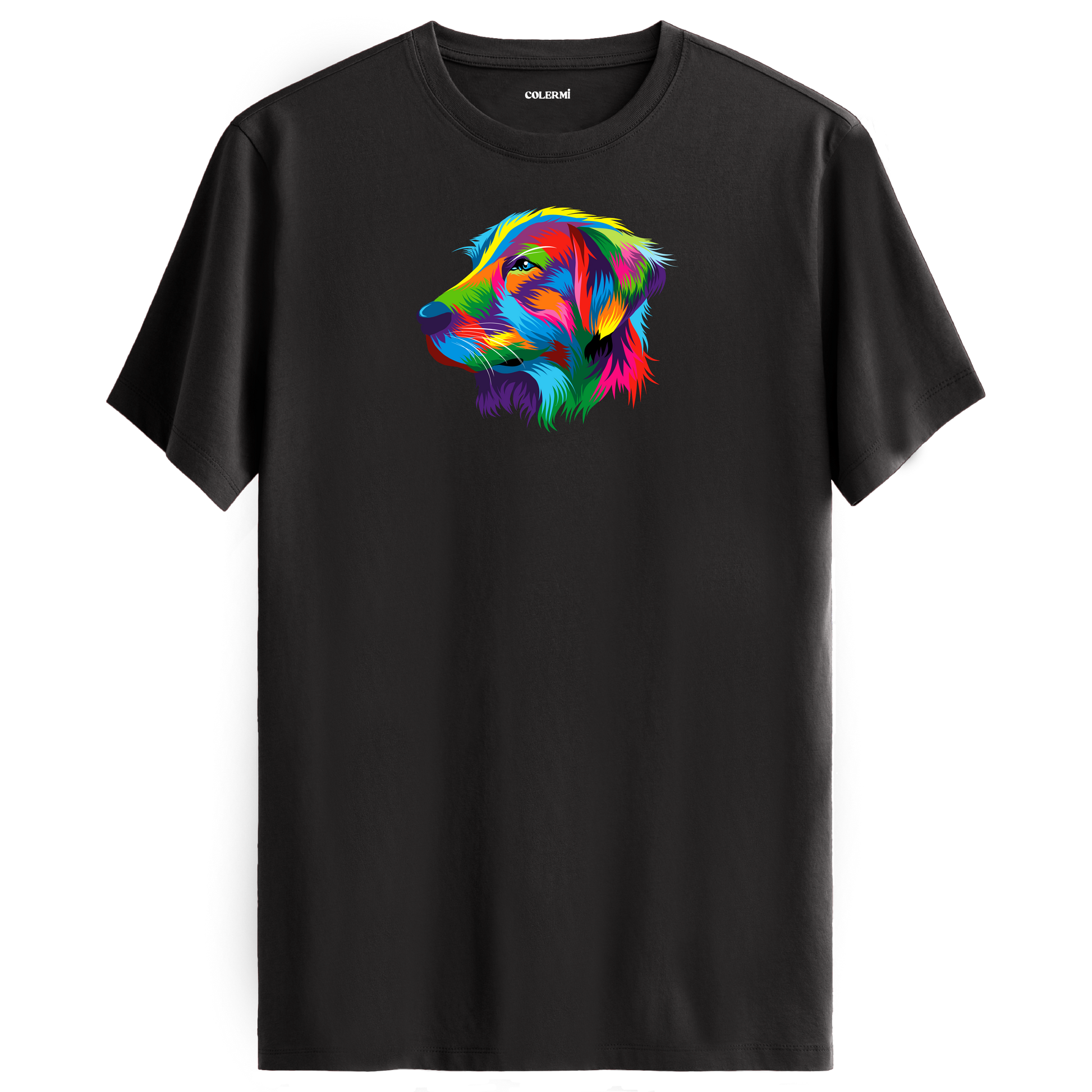 Antrasit tişört üzerinde renkli Buddy Golden Retriever köpek baskısı