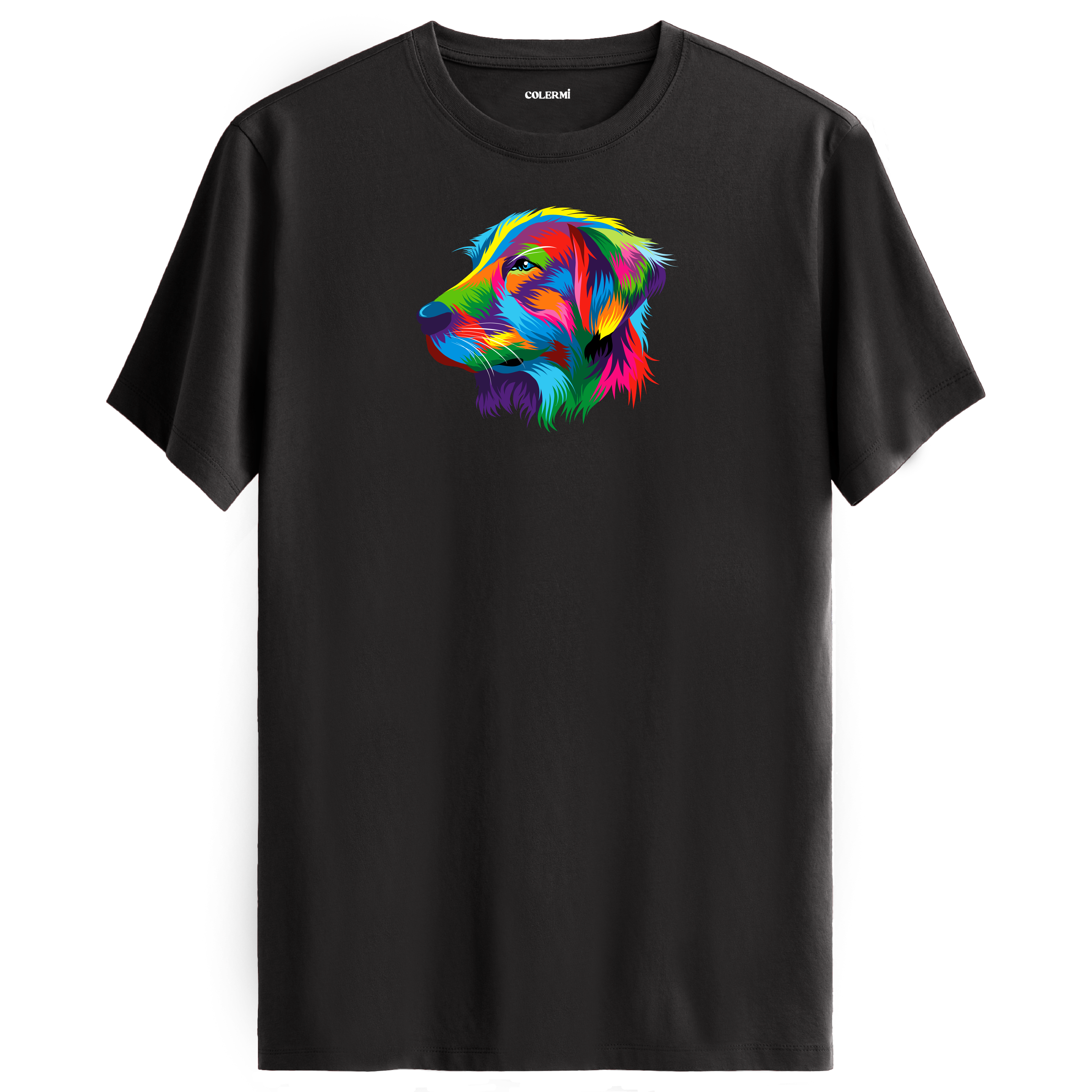 Antrasit tişört üzerinde renkli Buddy Golden Retriever köpek baskısı