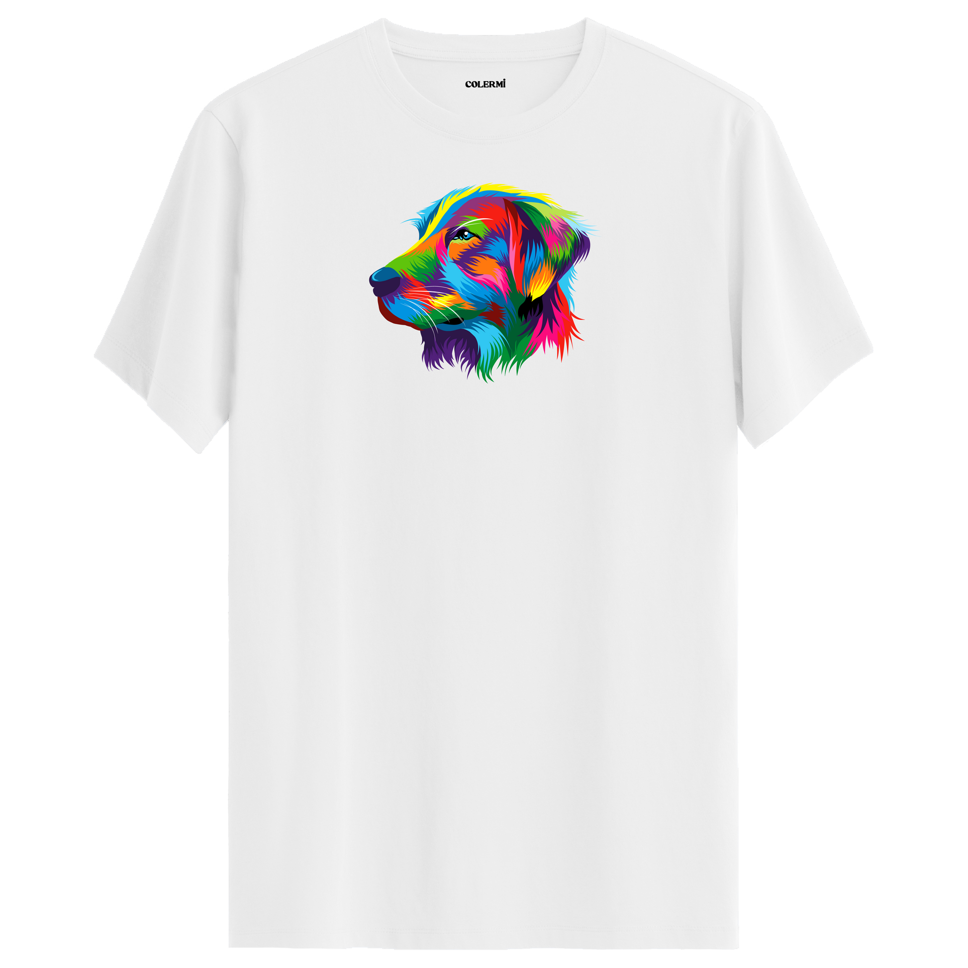 Beyaz tişört üzerinde renkli Buddy Golden Retriever köpek baskısı
