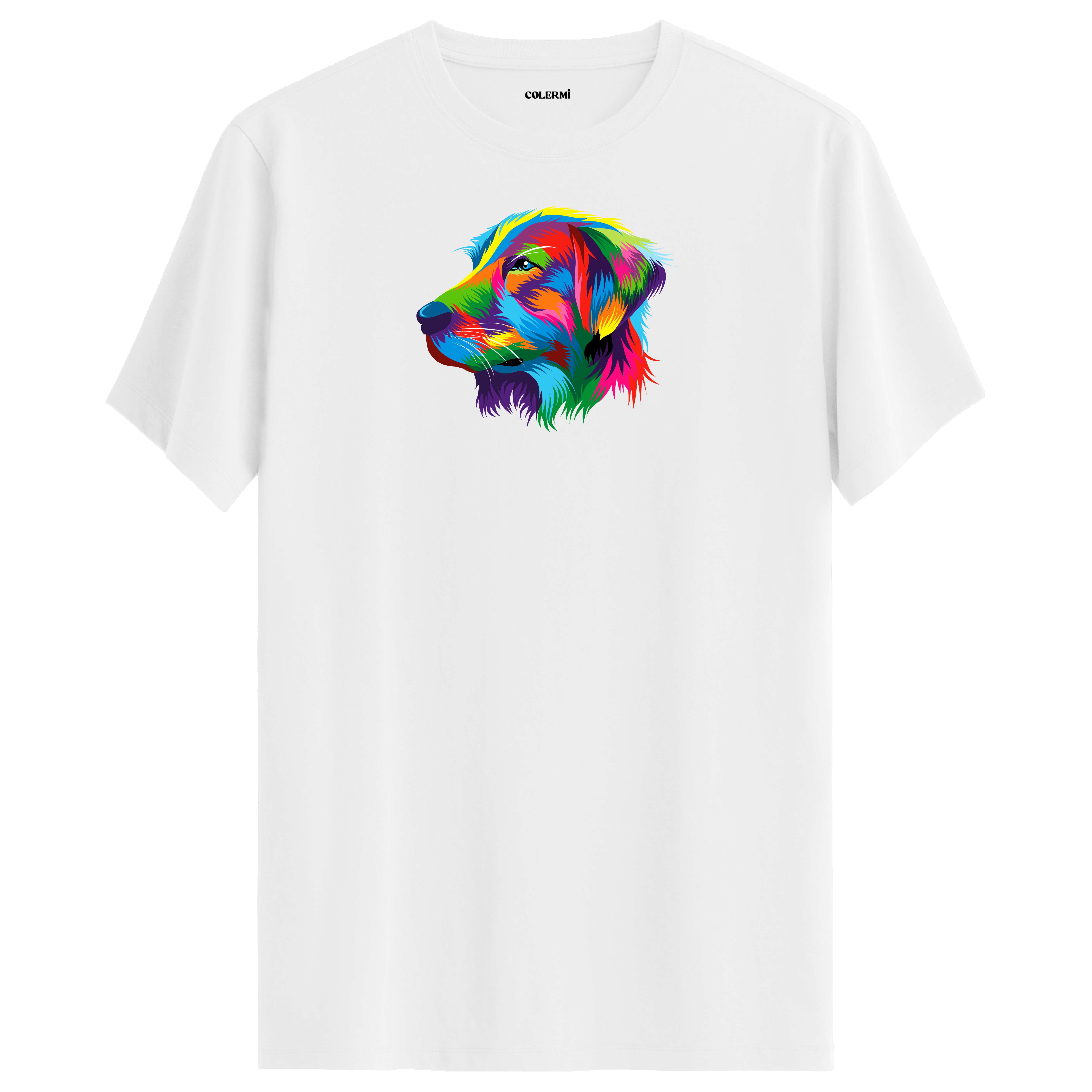 Beyaz tişört üzerinde renkli Buddy Golden Retriever köpek baskısı