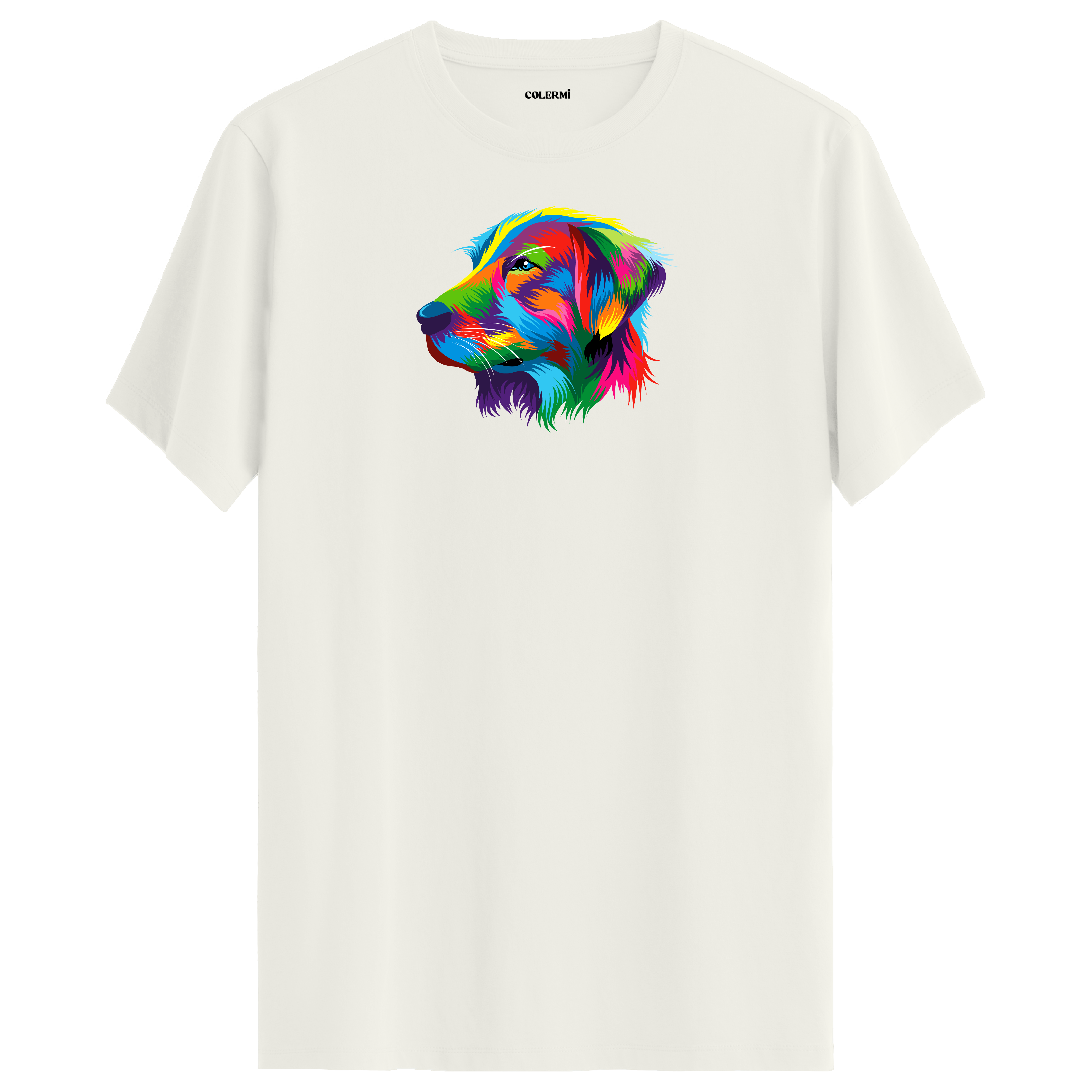 Ekru tişört üzerinde renkli Buddy Golden Retriever köpek baskısı