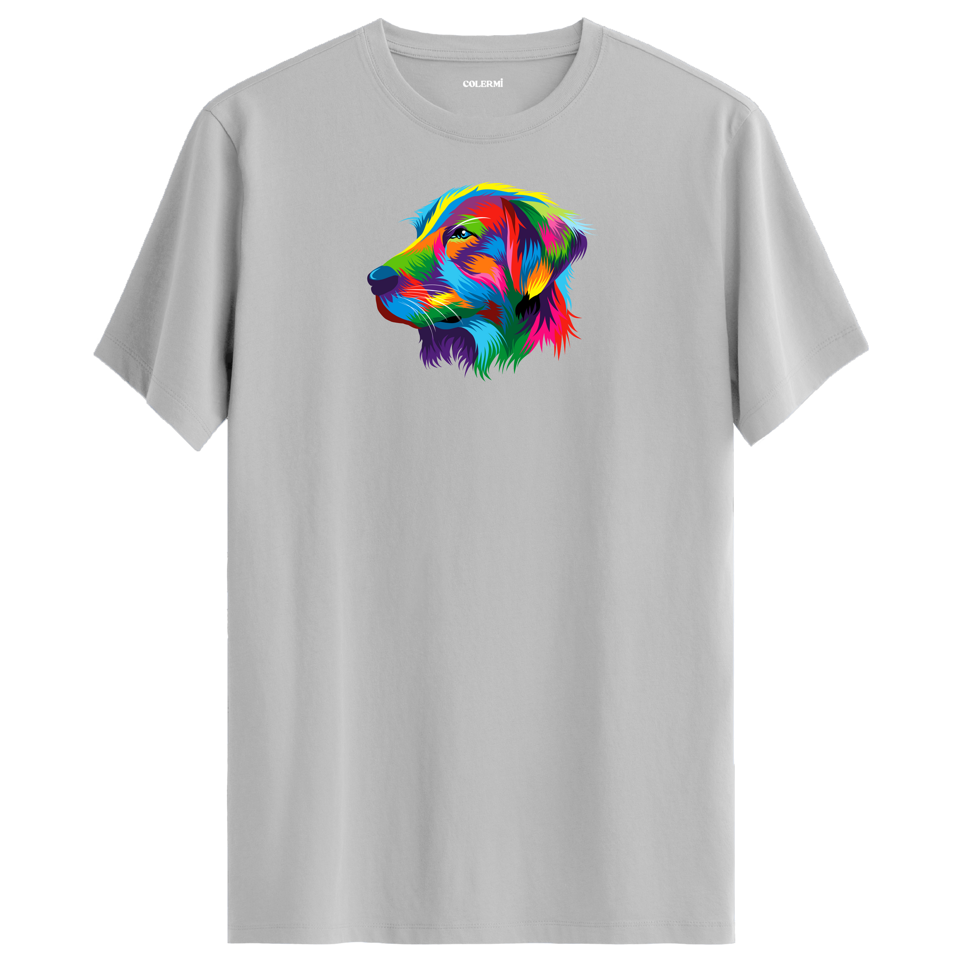 Gri tişört üzerinde renkli Buddy Golden Retriever köpek baskısı