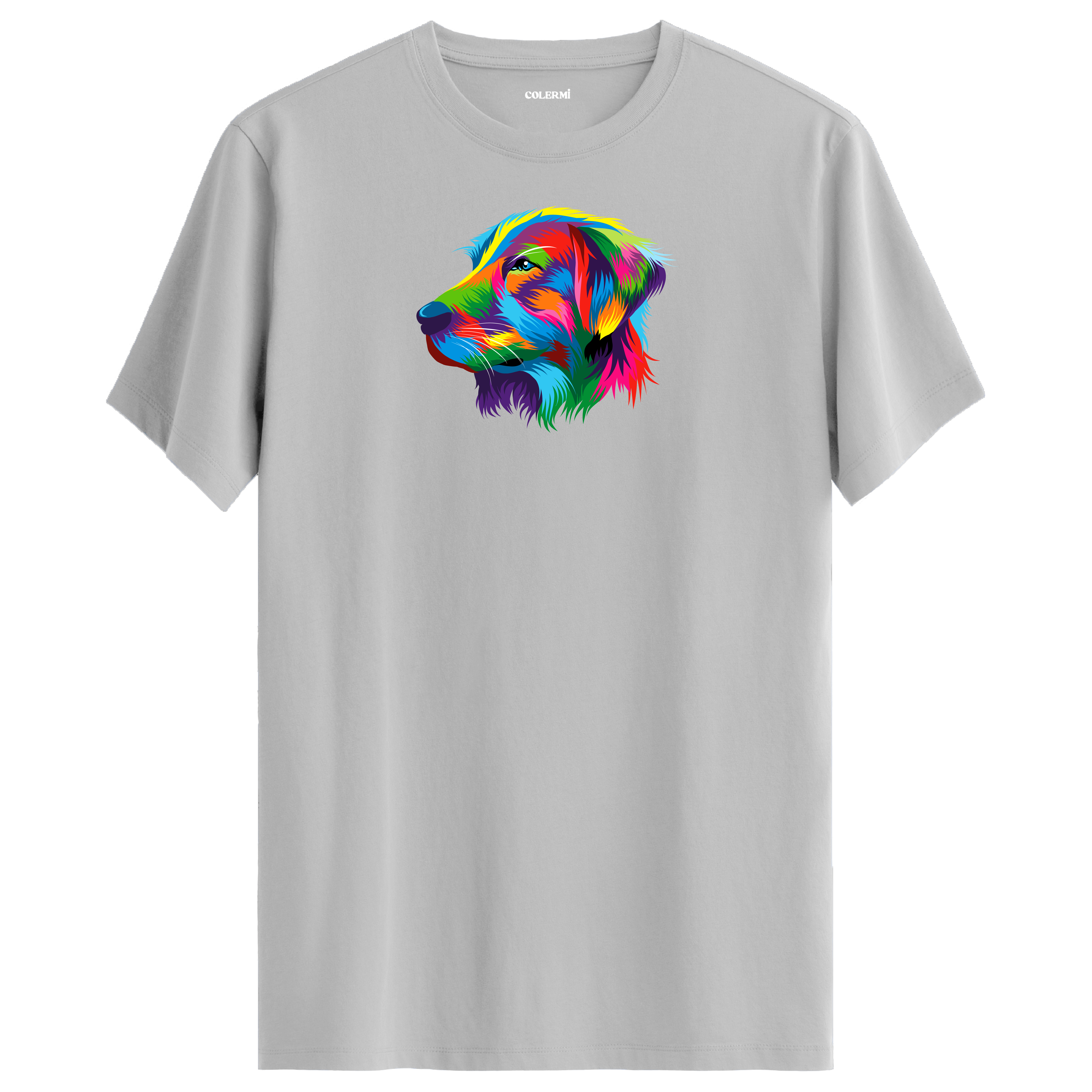 Gri tişört üzerinde renkli Buddy Golden Retriever köpek baskısı
