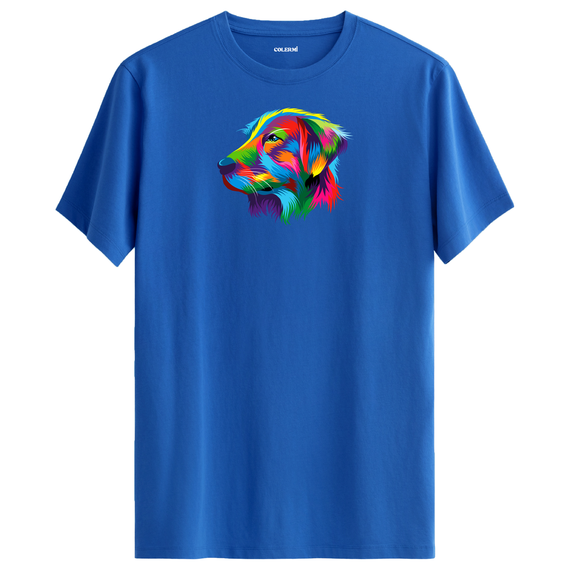 Mavi tişört üzerinde renkli Buddy Golden Retriever köpek baskısı