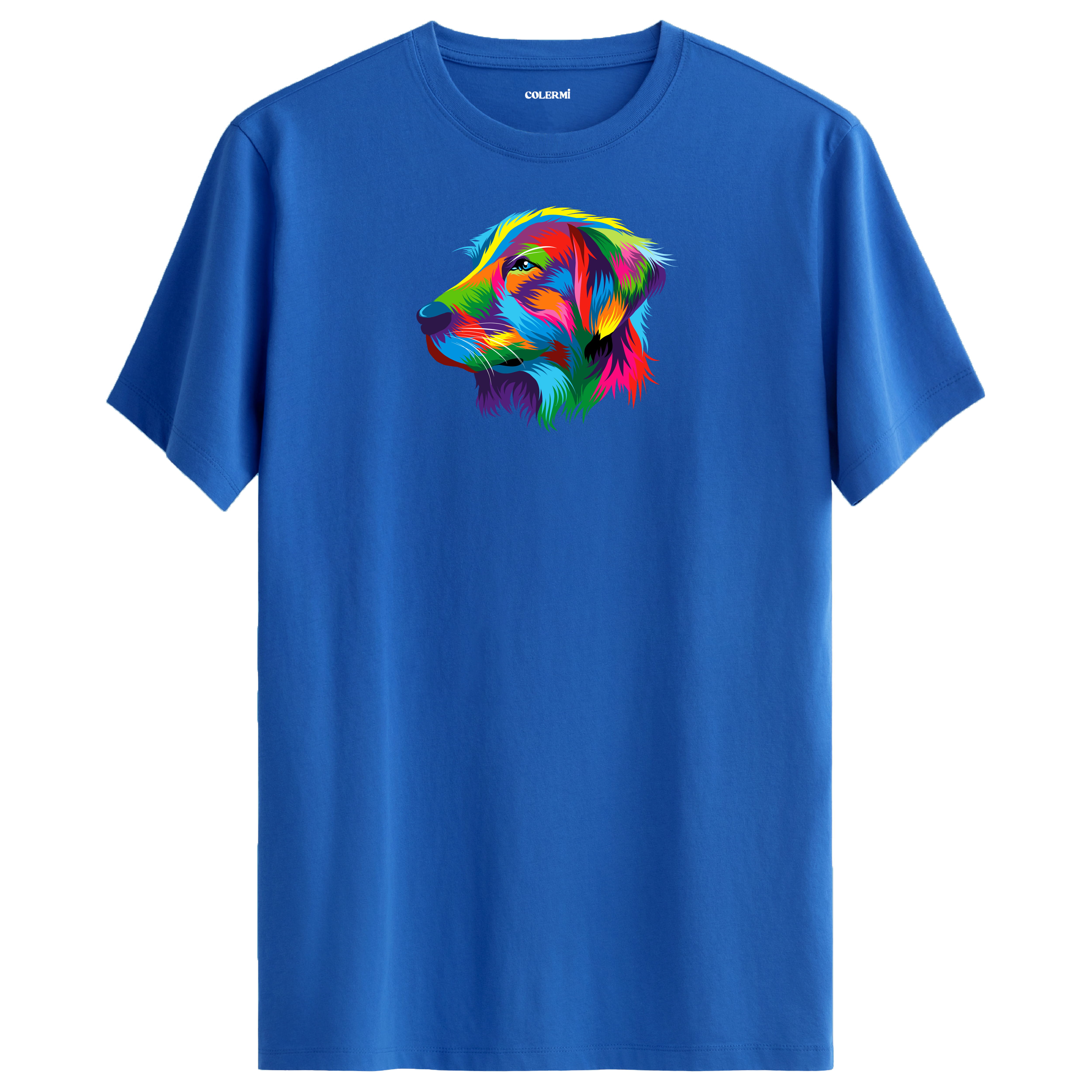 Mavi tişört üzerinde renkli Buddy Golden Retriever köpek baskısı