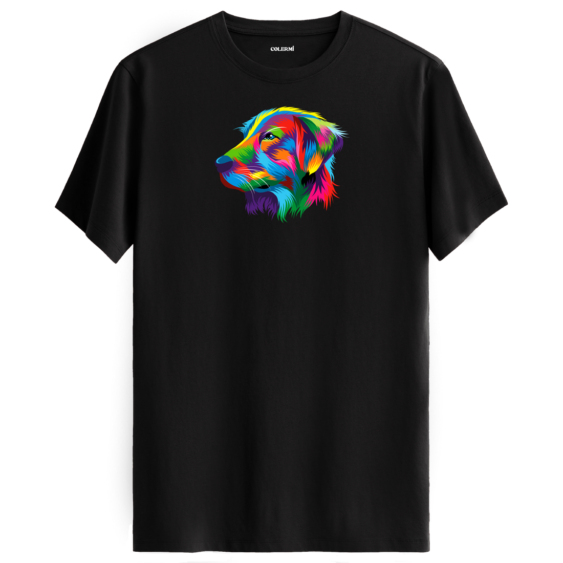 Siyah tişört üzerinde renkli Buddy Golden Retriever köpek baskısı