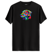 Siyah tişört üzerinde renkli Buddy Golden Retriever köpek baskısı