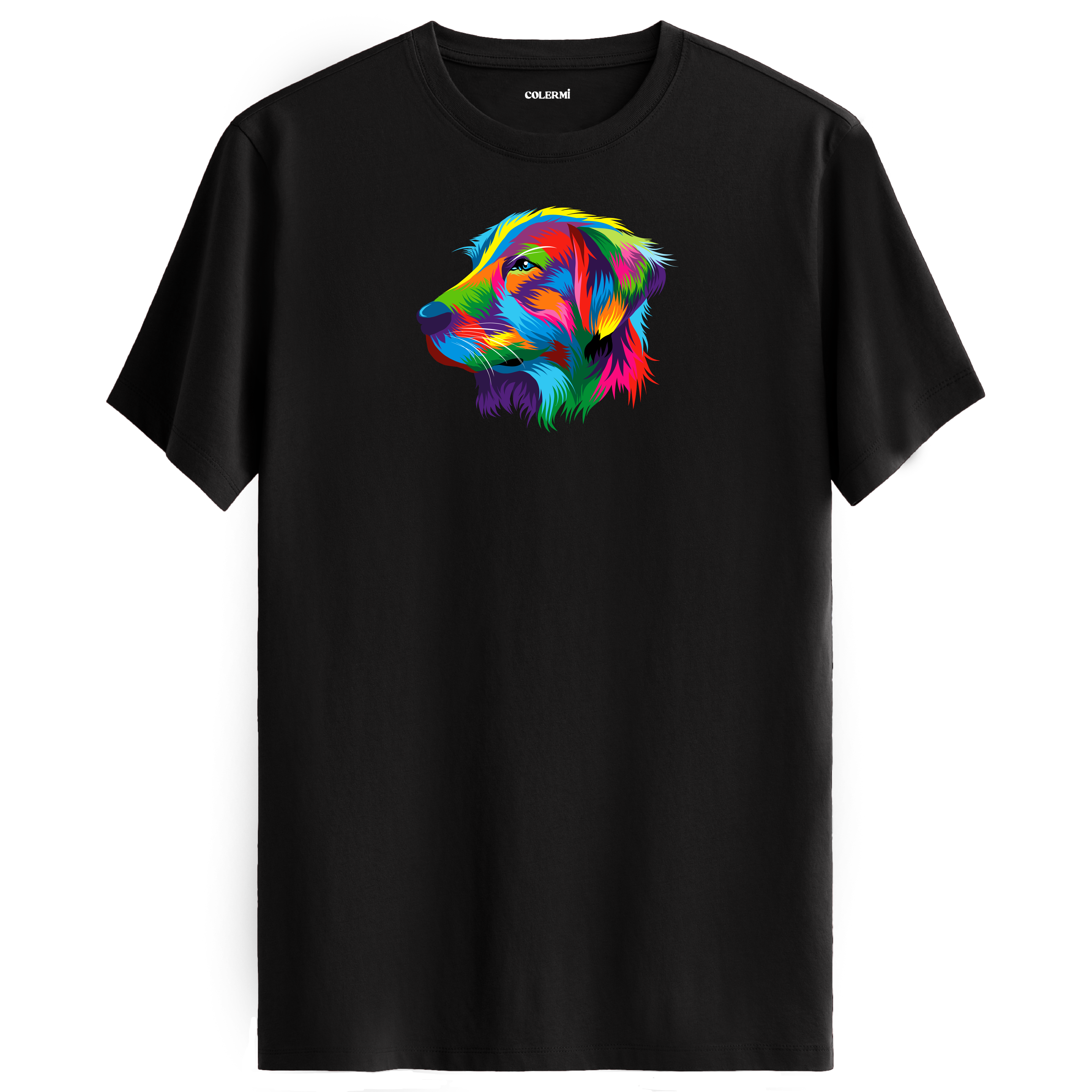 Siyah tişört üzerinde renkli Buddy Golden Retriever köpek baskısı