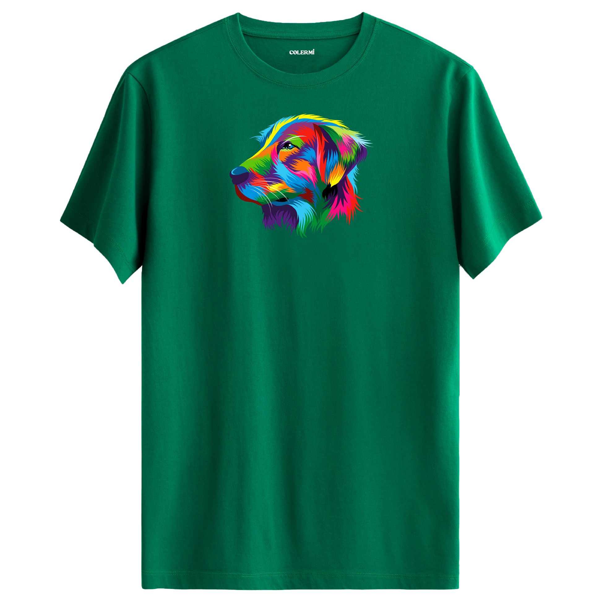 Yeşil tişört üzerinde renkli Buddy Golden Retriever köpek baskısı