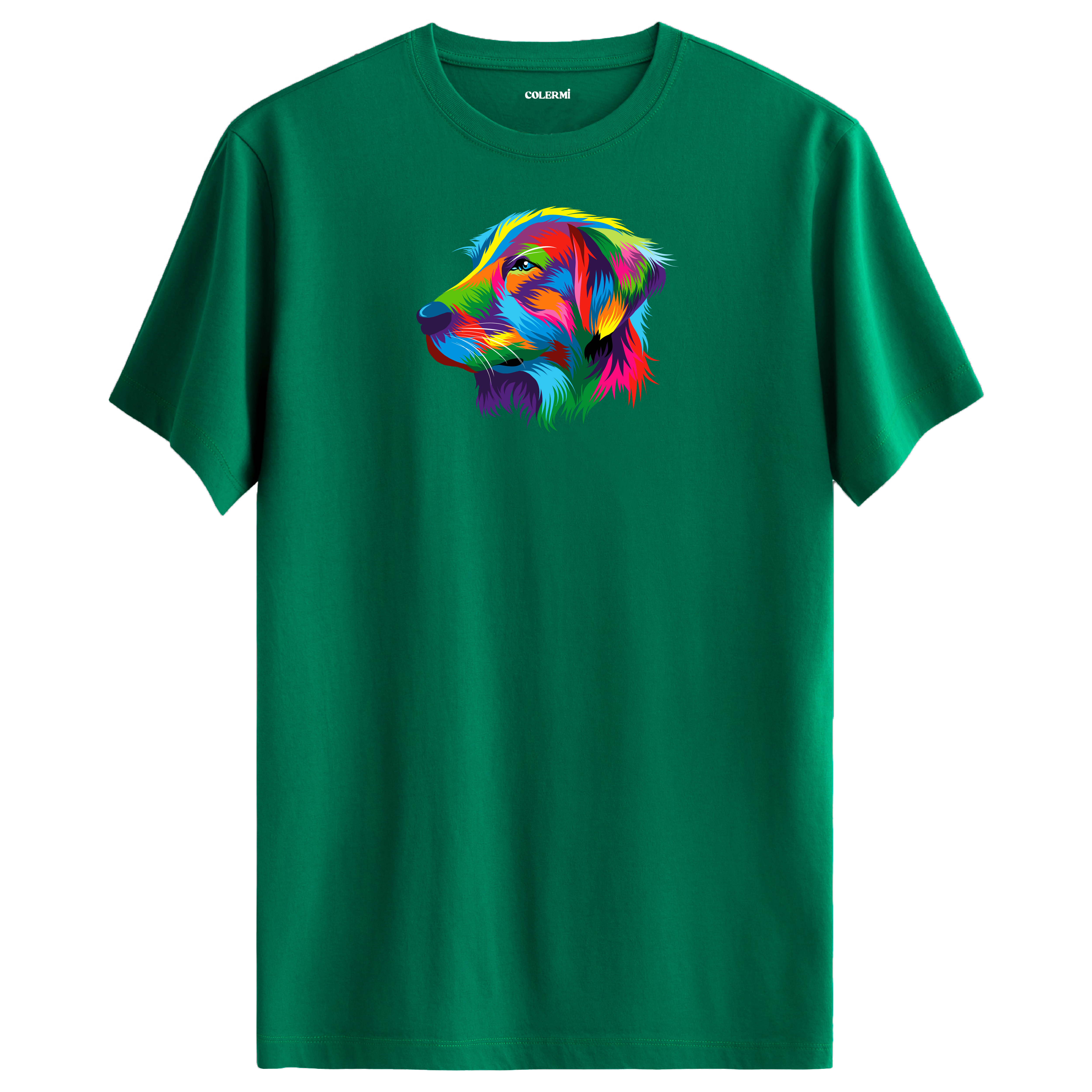 Yeşil tişört üzerinde renkli Buddy Golden Retriever köpek baskısı