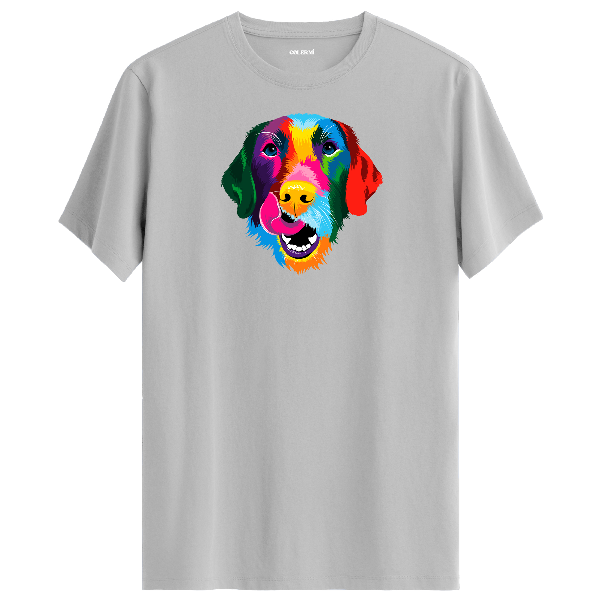 Gri tişört üzerinde renkli Buddy Labrador köpek baskısı
