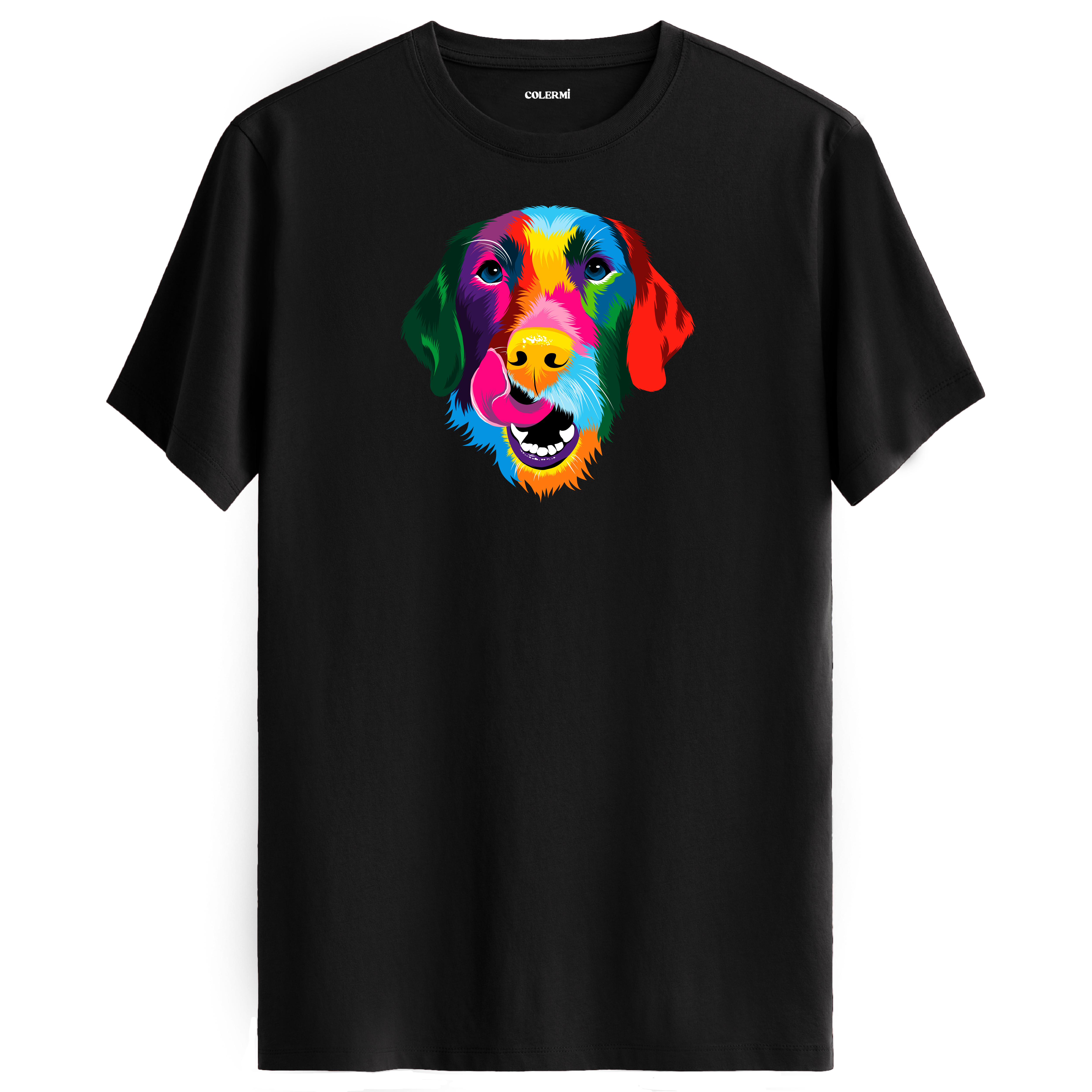 Siyah tişört üzerinde renkli Buddy Labrador köpek baskısı