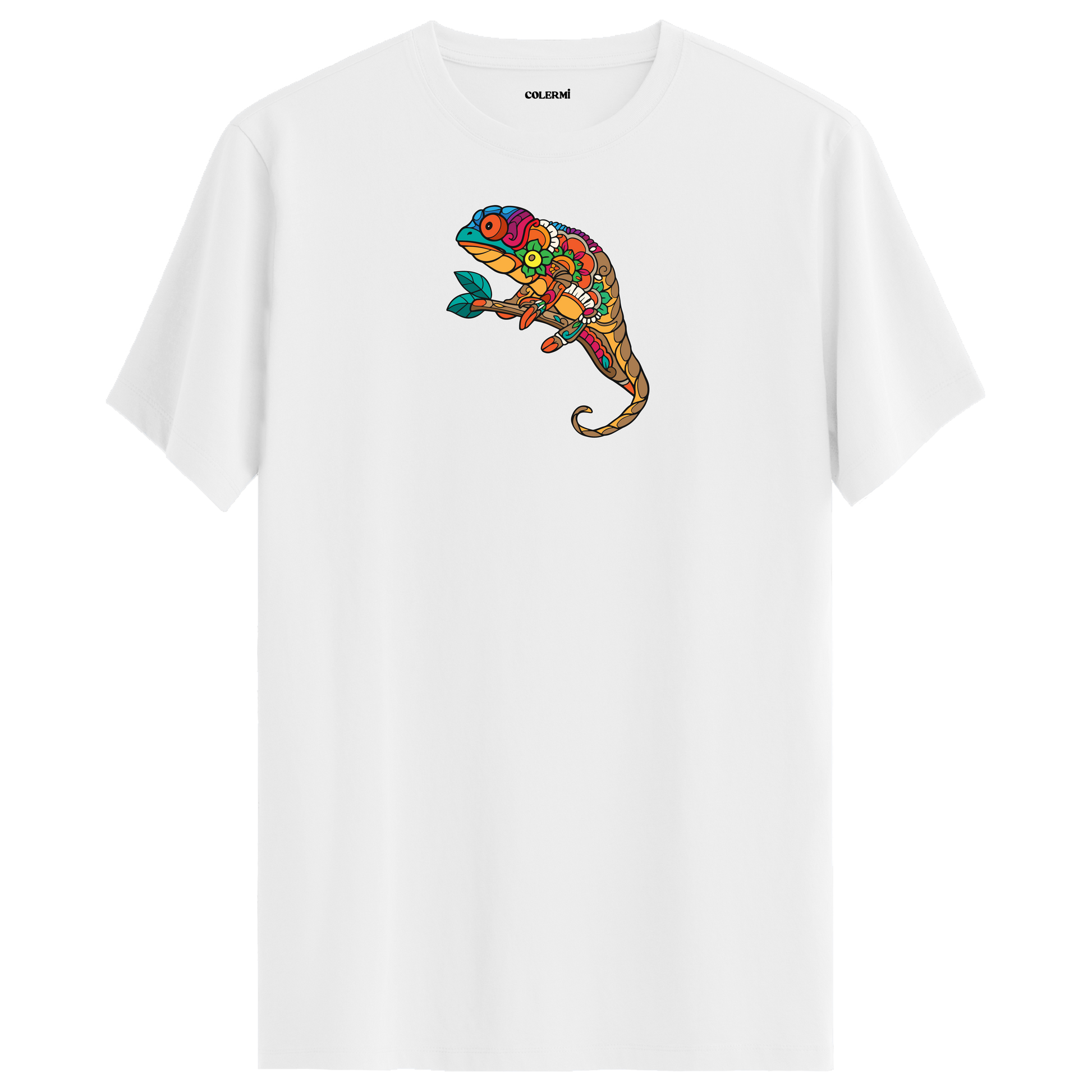 Beyaz bisiklet yaka tişört, otantik dokunuşlarla şekillendirilmiş bukalemun tasarımıyla öne çıkıyor.