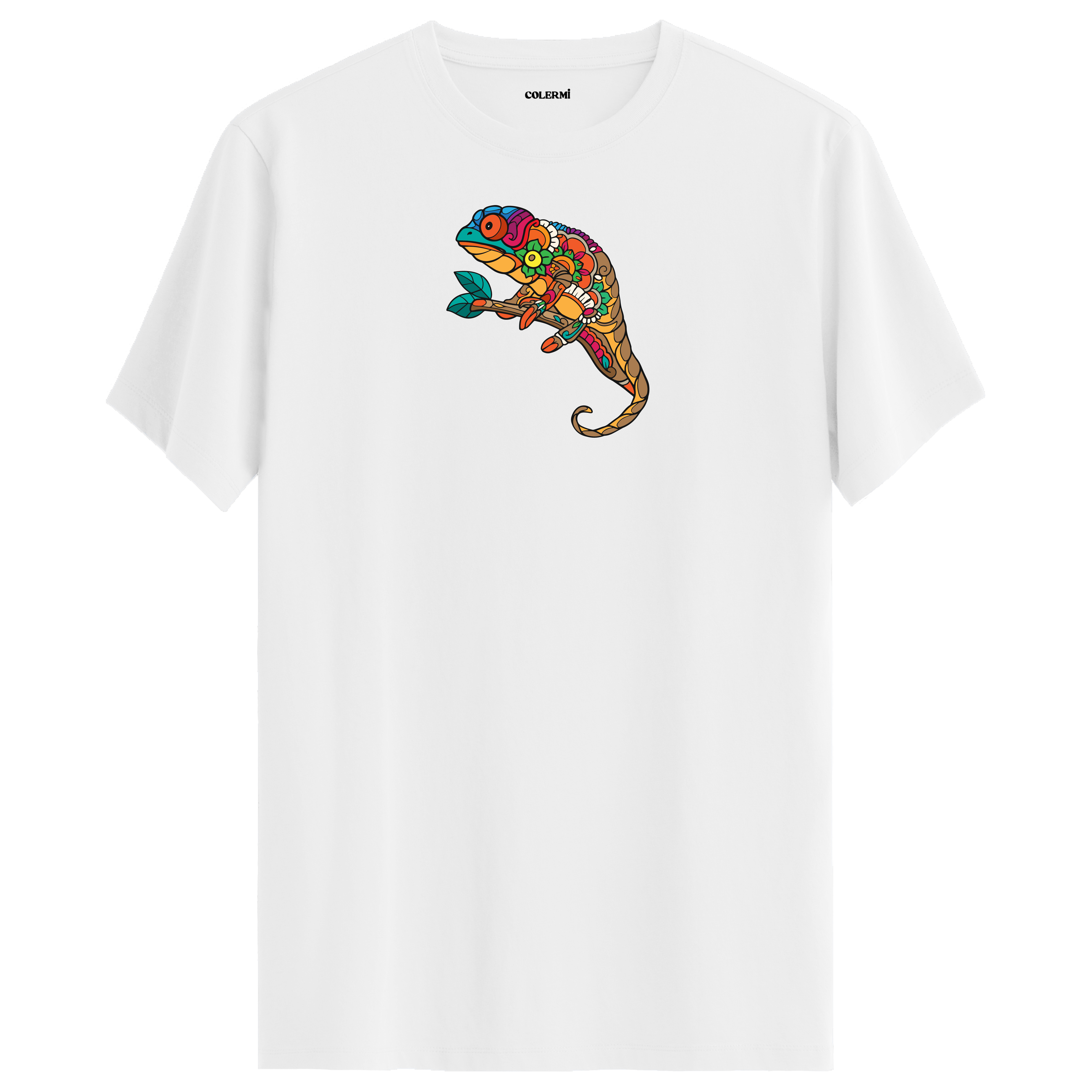 Beyaz bisiklet yaka tişört, otantik dokunuşlarla şekillendirilmiş bukalemun tasarımıyla öne çıkıyor.