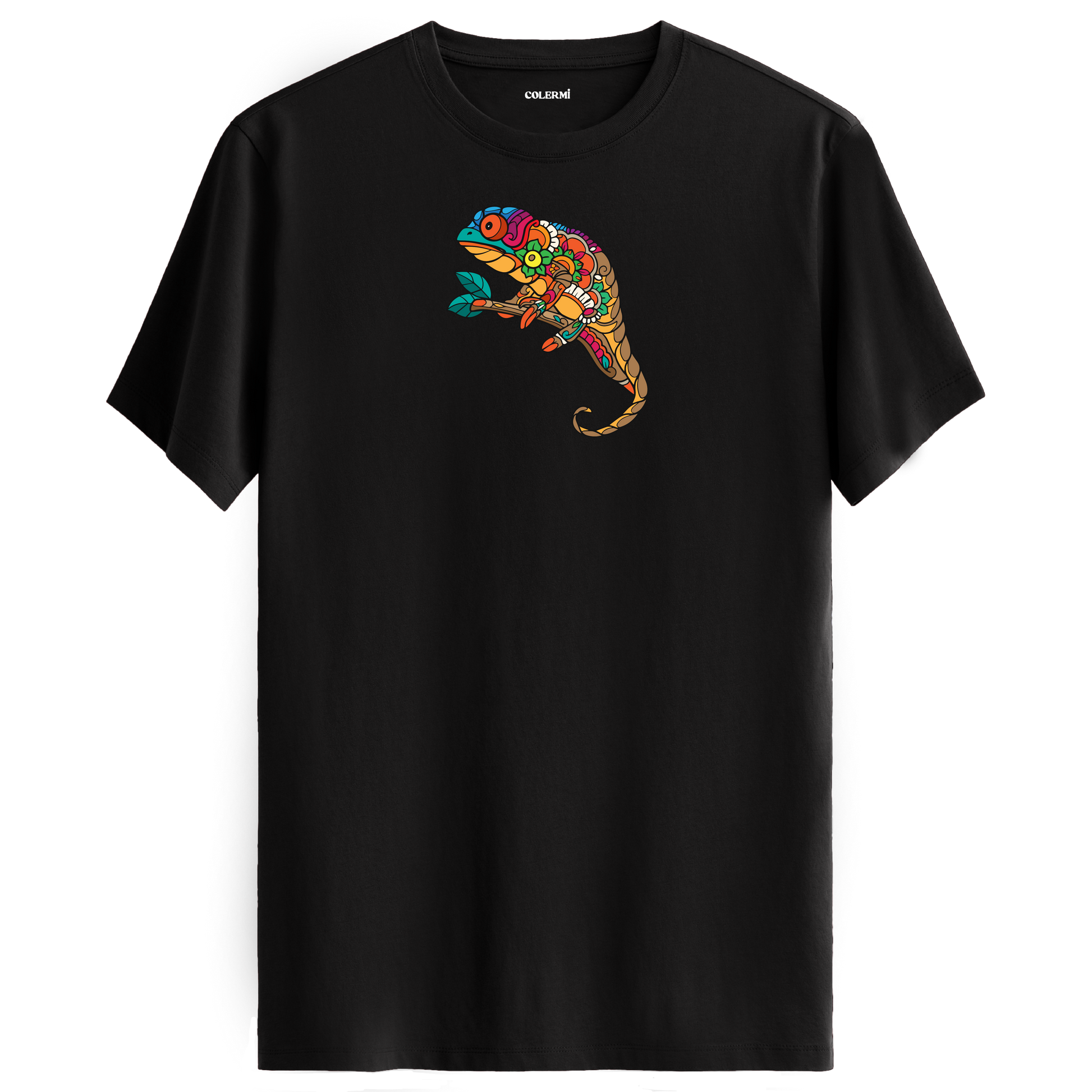 Siyah tişört üzerinde renkli bukalemun baskısı