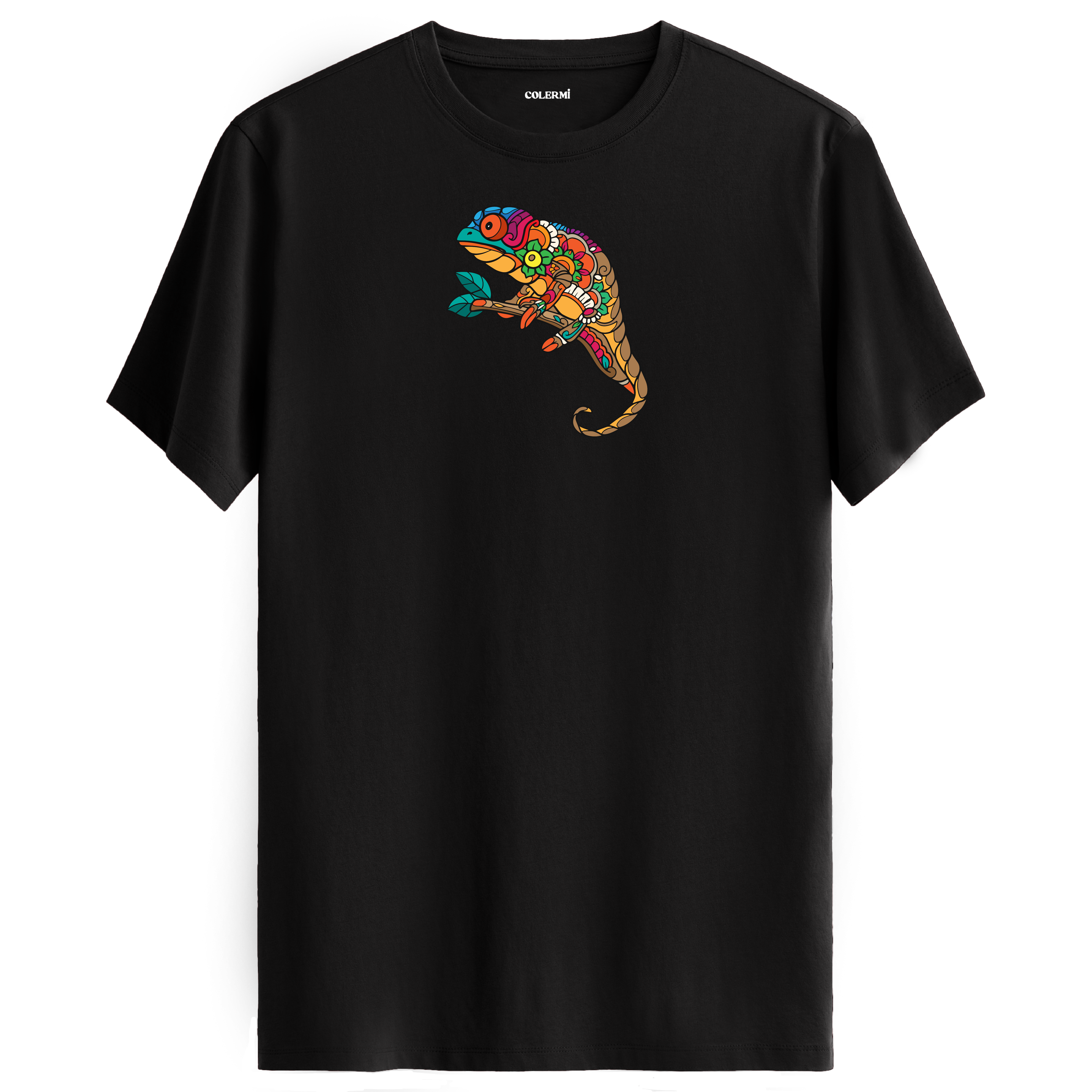 Siyah tişört üzerinde renkli bukalemun baskısı
