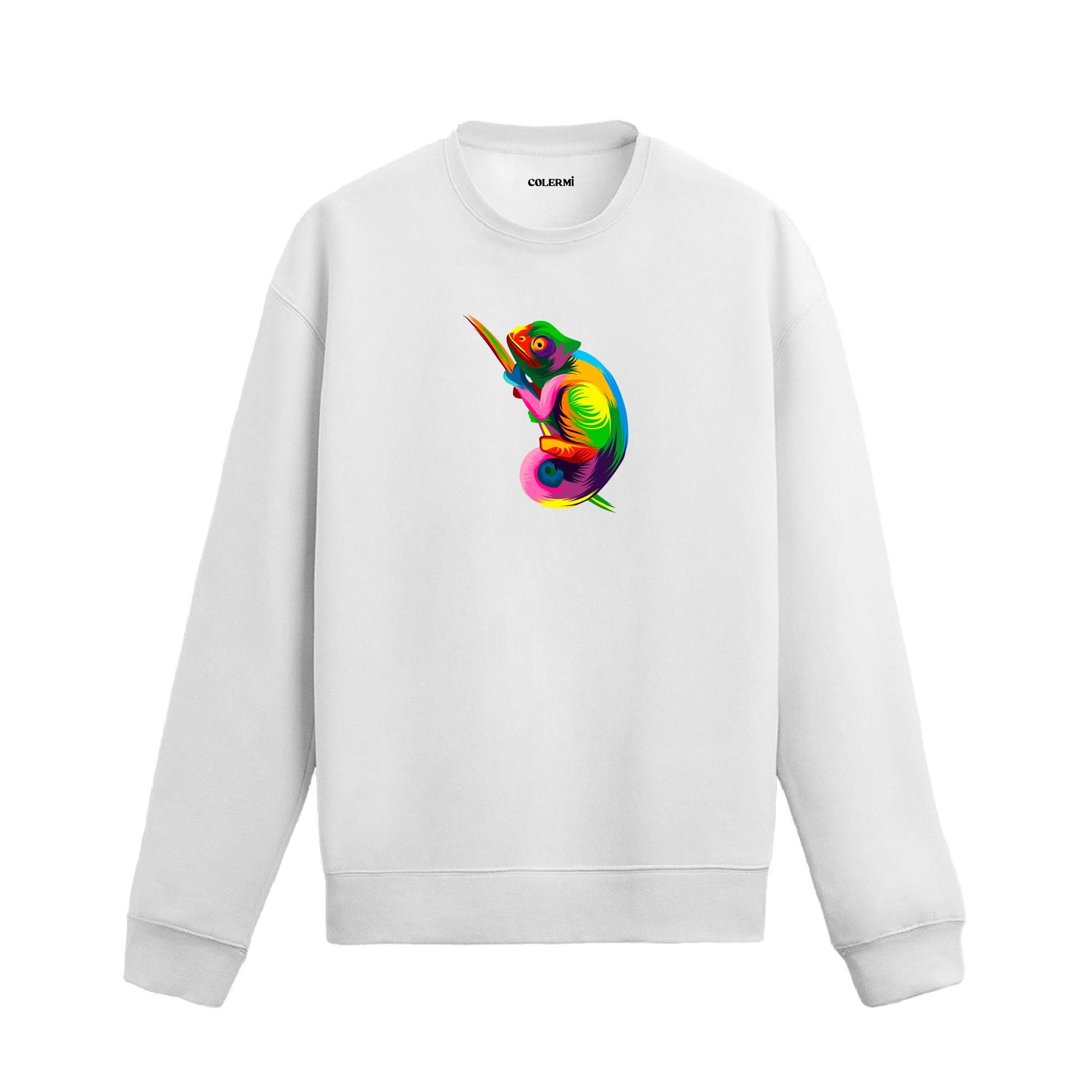 beyaz sweatshirt üzerinde sanatsal ve renkli bukalemun baskısı.