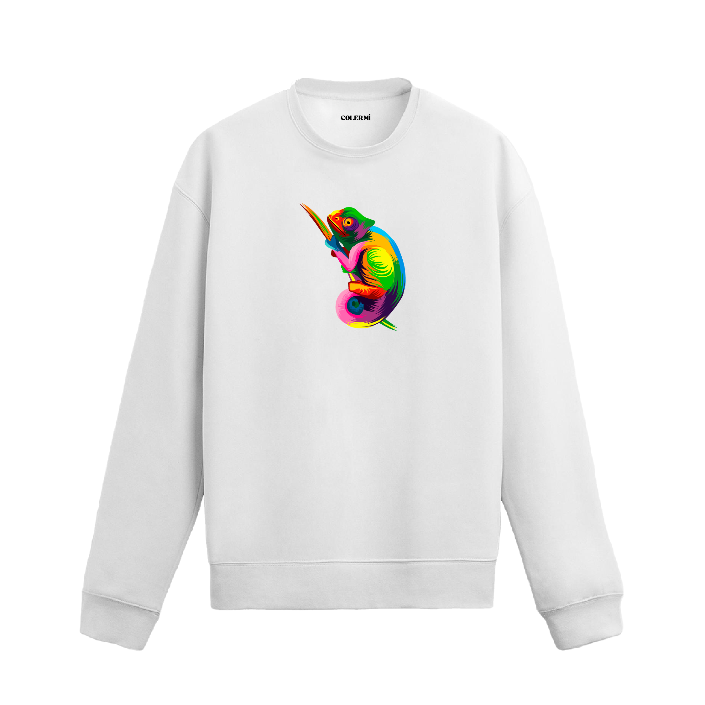 beyaz sweatshirt üzerinde sanatsal ve renkli bukalemun baskısı.