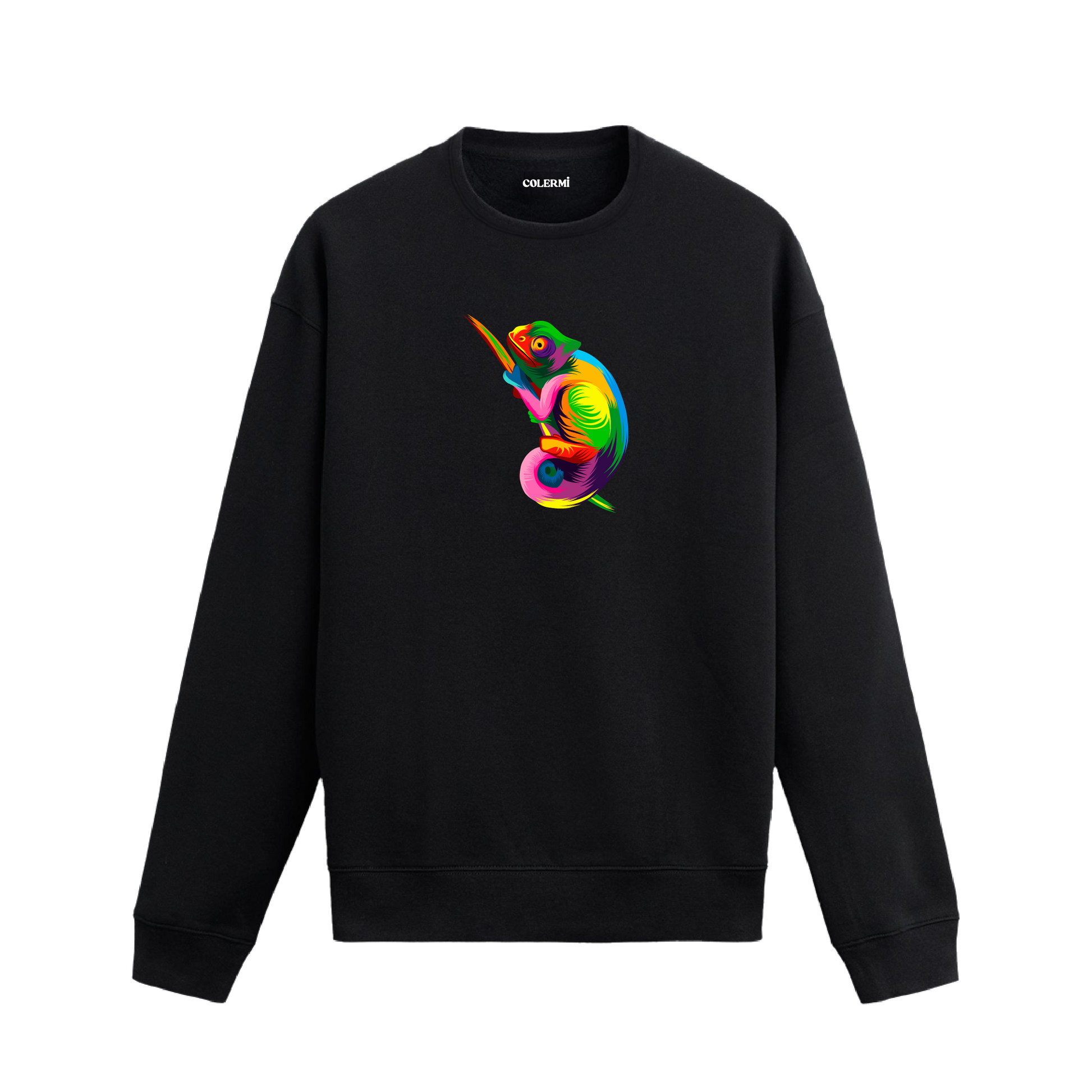 Siyah sweatshirt üzerinde sanatsal ve renkli bukalemun baskısı.