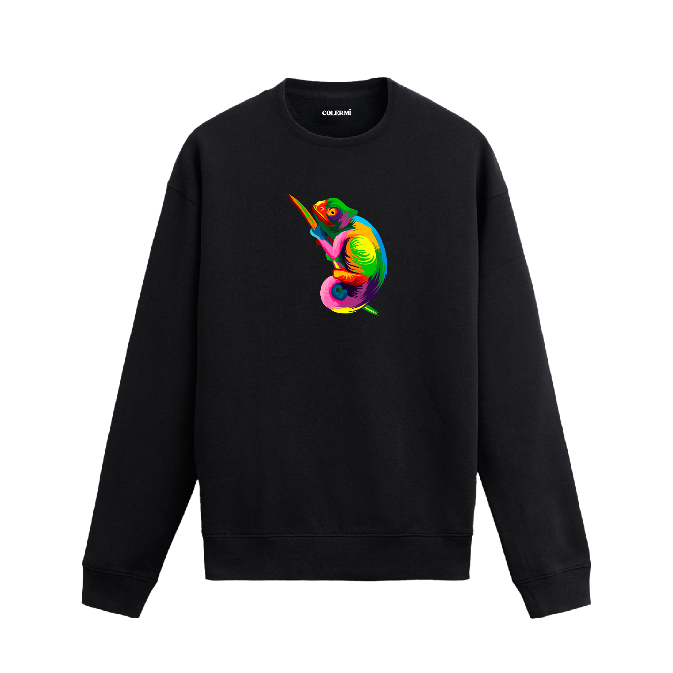 Siyah sweatshirt üzerinde sanatsal ve renkli bukalemun baskısı.