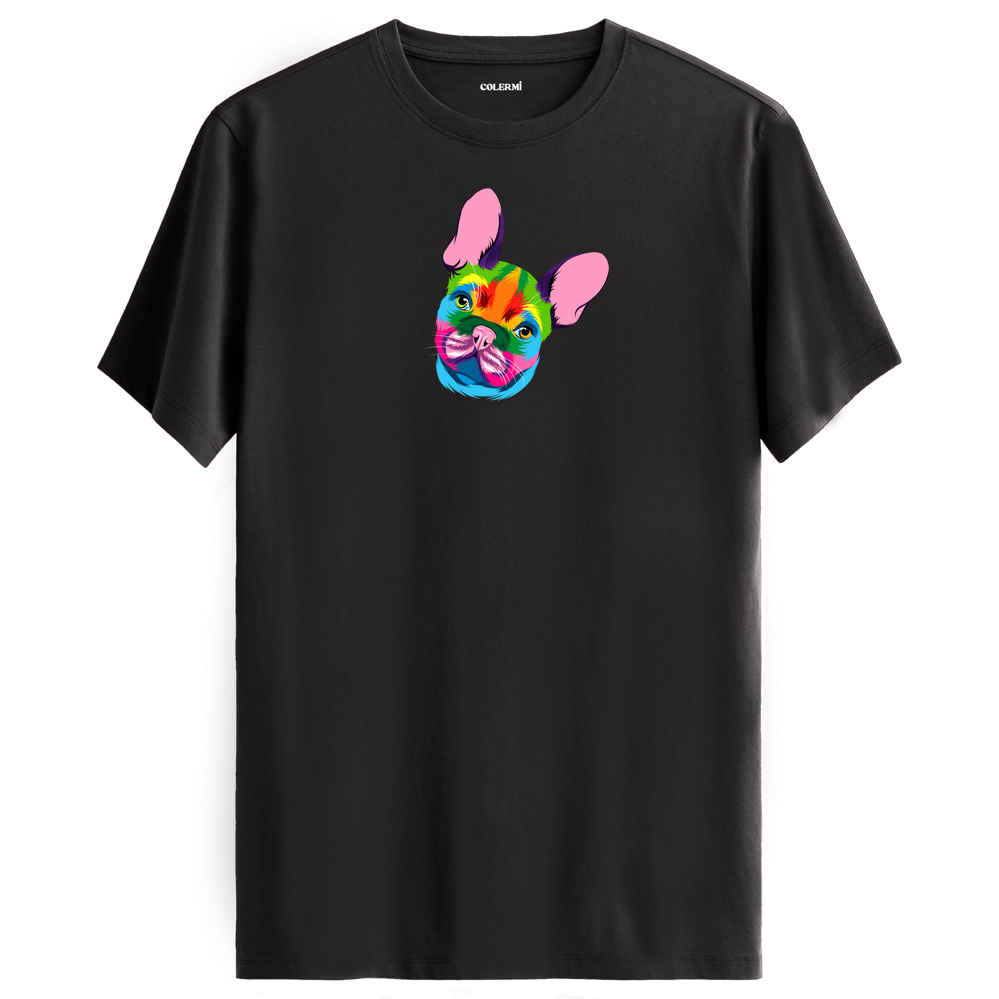 Antrasit tişört üzerinde renkli Coco Fransız Bulldog baskısı