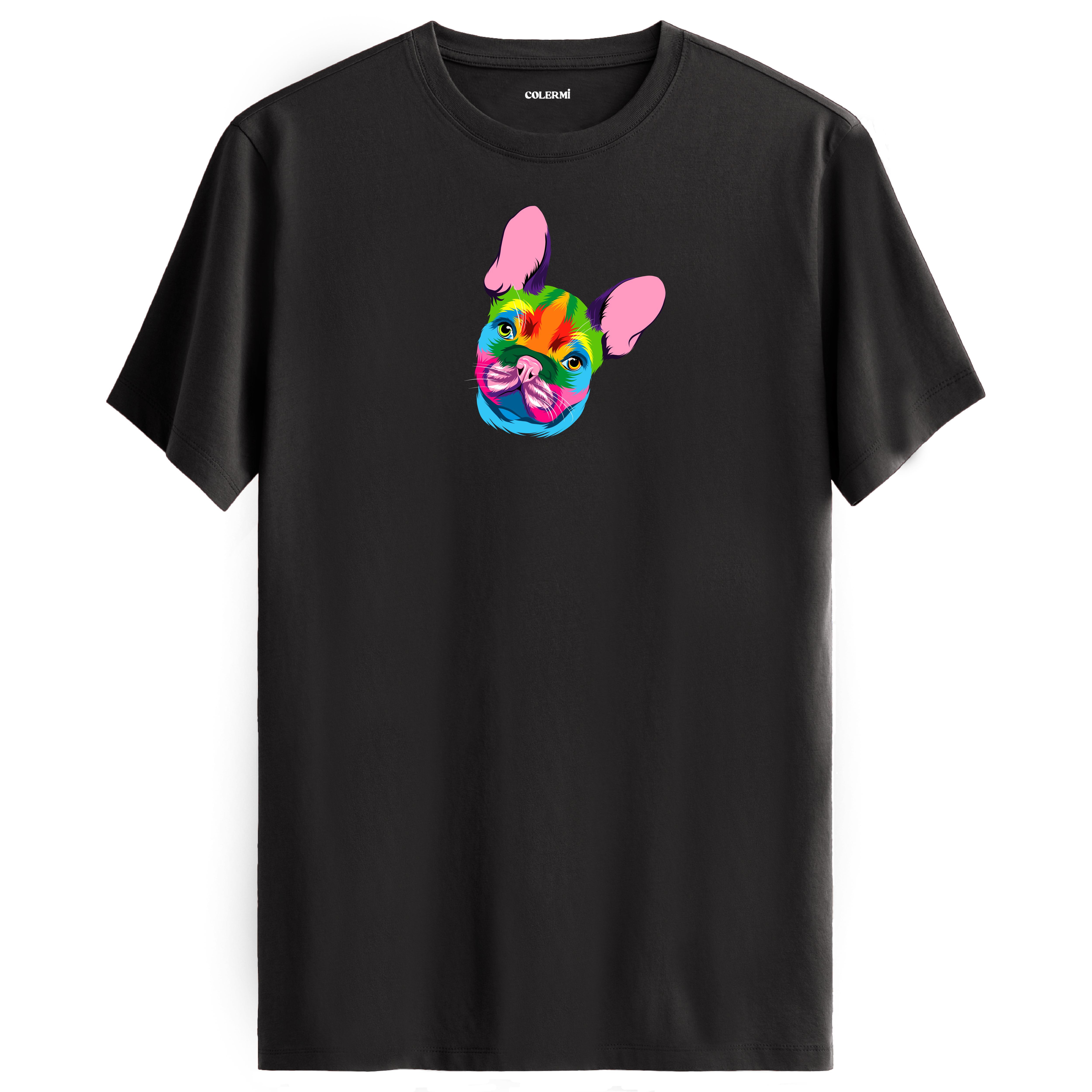 Antrasit tişört üzerinde renkli Coco Fransız Bulldog baskısı