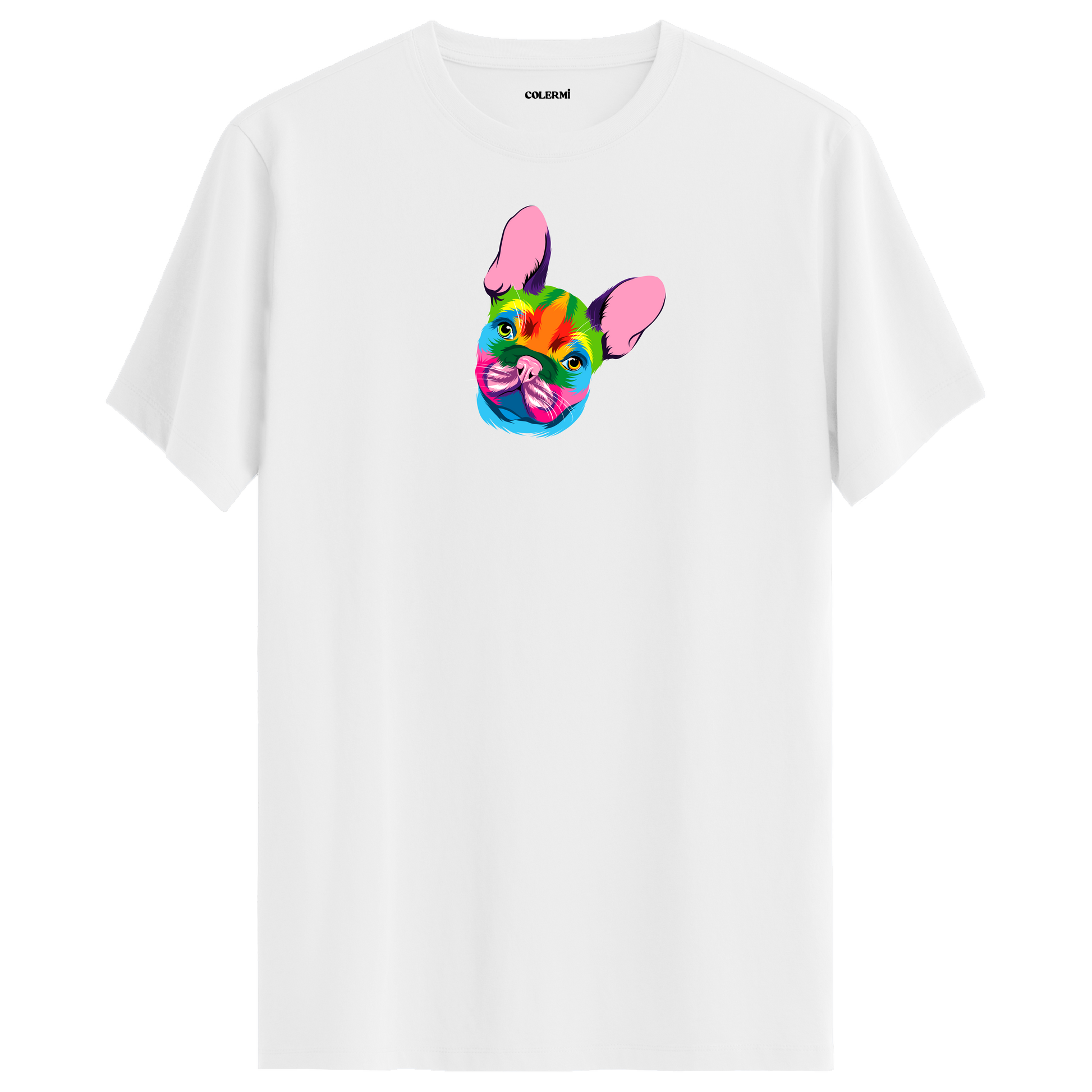 Beyaz tişört üzerinde renkli Coco Fransız Bulldog baskısı