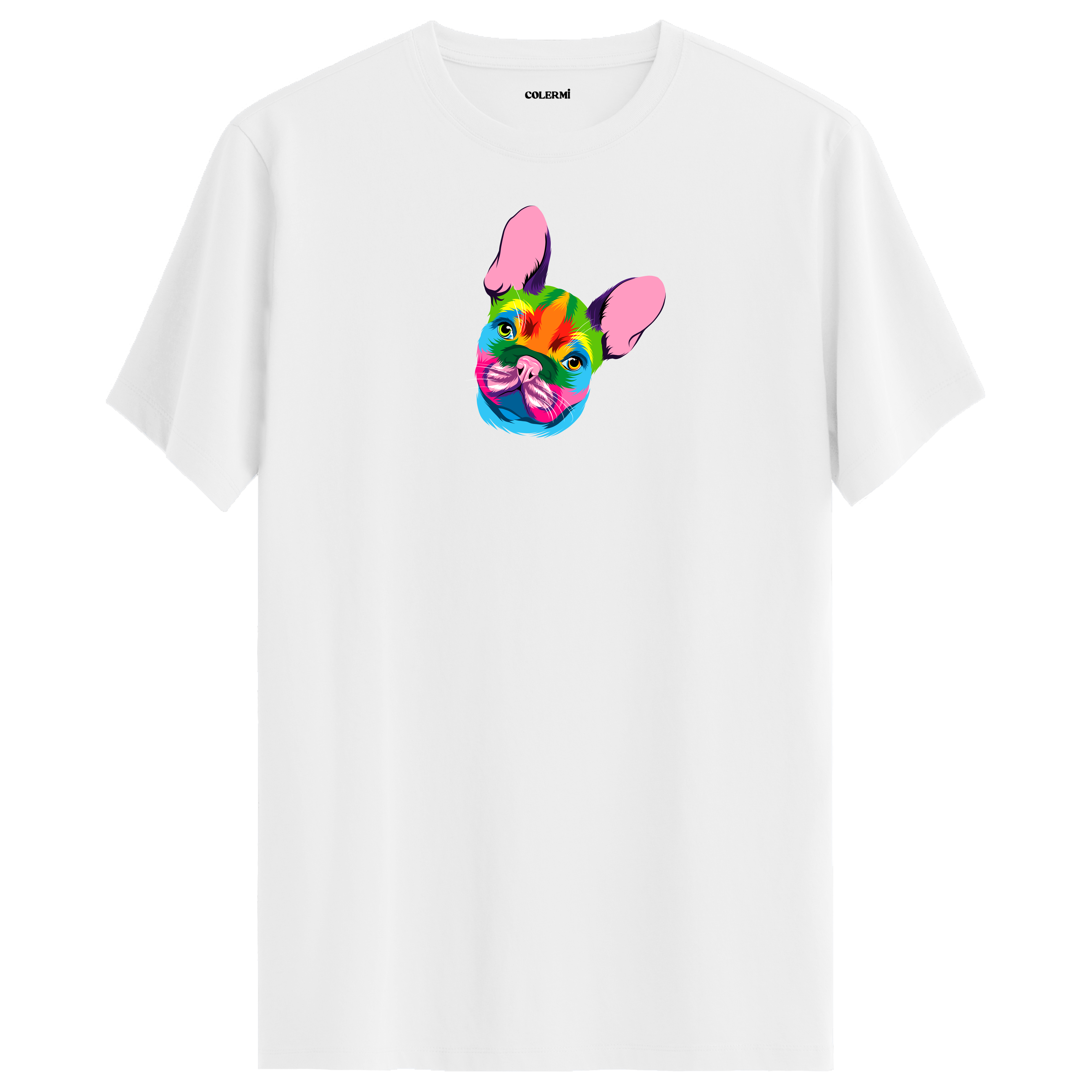 Beyaz tişört üzerinde renkli Coco Fransız Bulldog baskısı